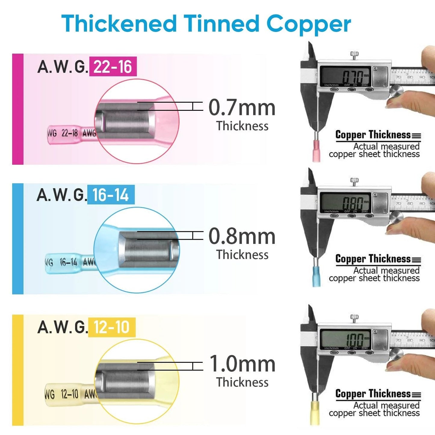 Thickened tinned copper measurements for Heavy Duty Heat Shrink Butt Wire Connector Kit For Marine And Automotive Wiring, showing 0.7-1.0mm thickness.