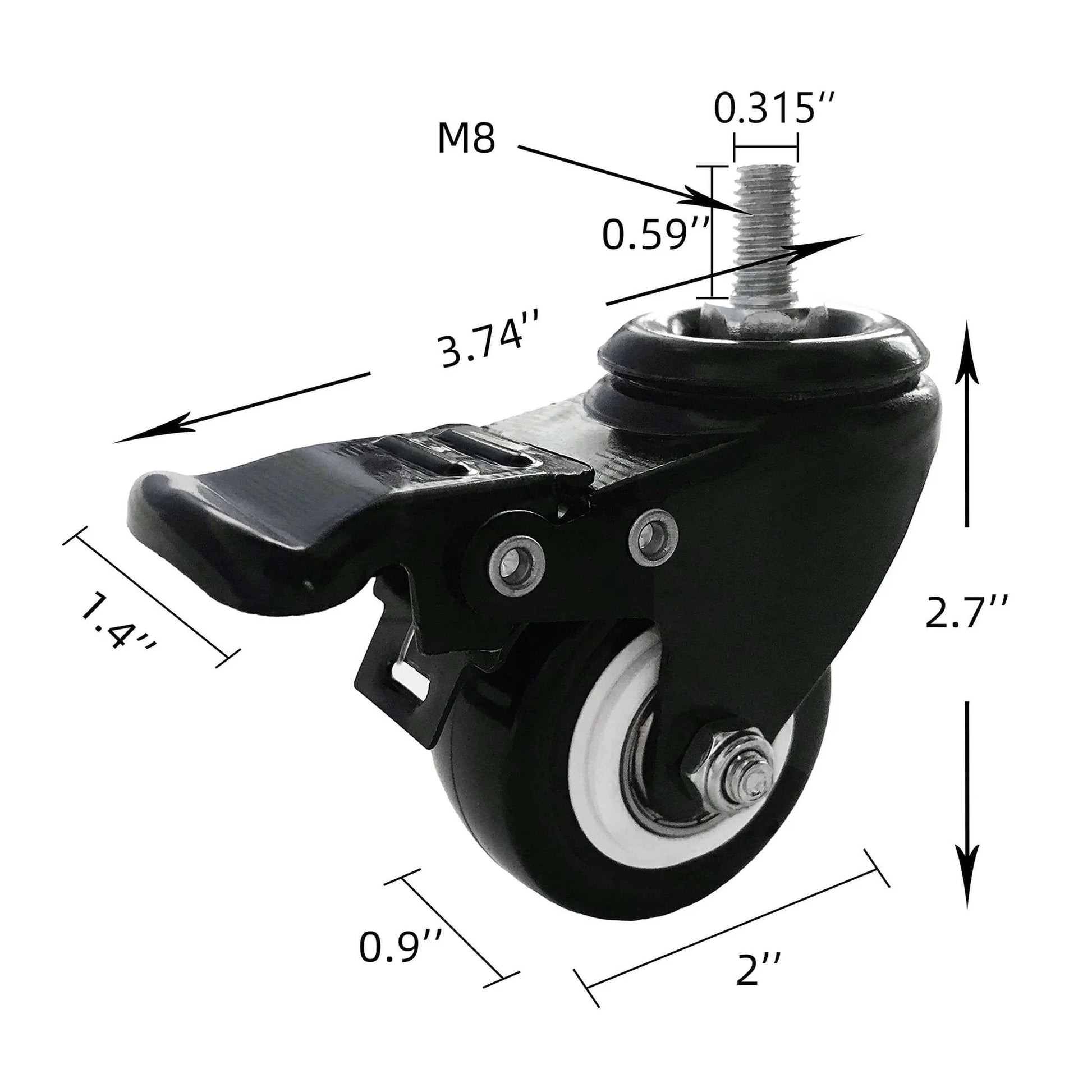 Single 2 Inch M8 Threaded PU Swivel Caster with Brake for Standing Desks, shown with dimensions and dual-lock feature, 360-degree rotation.