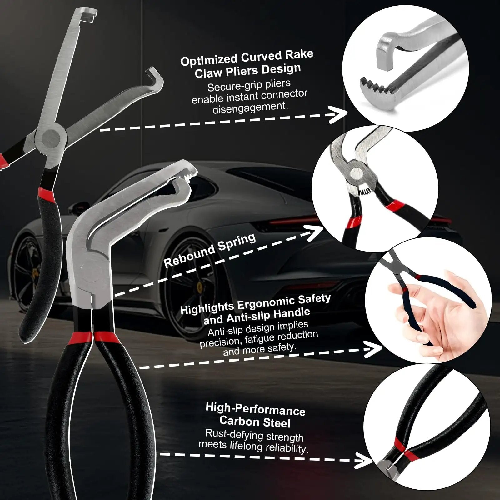 Close-up of 4 Piece Automotive Electrical Disconnect Pliers Set 37960 Straight 37980 60 Degree 13120 Dual Head carbon steel tools with ergonomic handles.