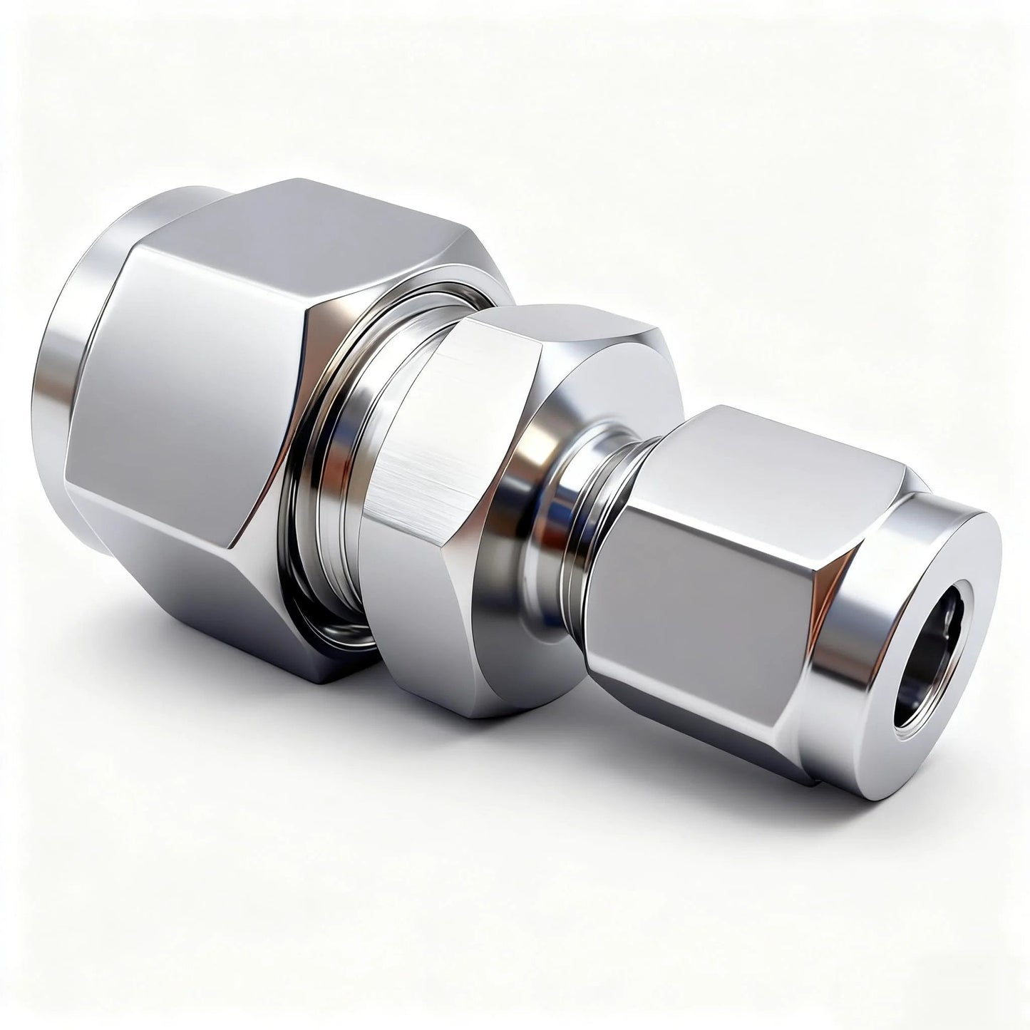 Premium 304 Stainless Steel Compression Tube Fitting Reducing Union With Double Ferrule Straight Adapter One Quarter To Three Eighths Inch Tubing For Fuel Oil Air And Some Corrosive Liquids Corrosion Resistant And High Temp Tolerant Two Pack Lophtnix close-up view of the compression fitting