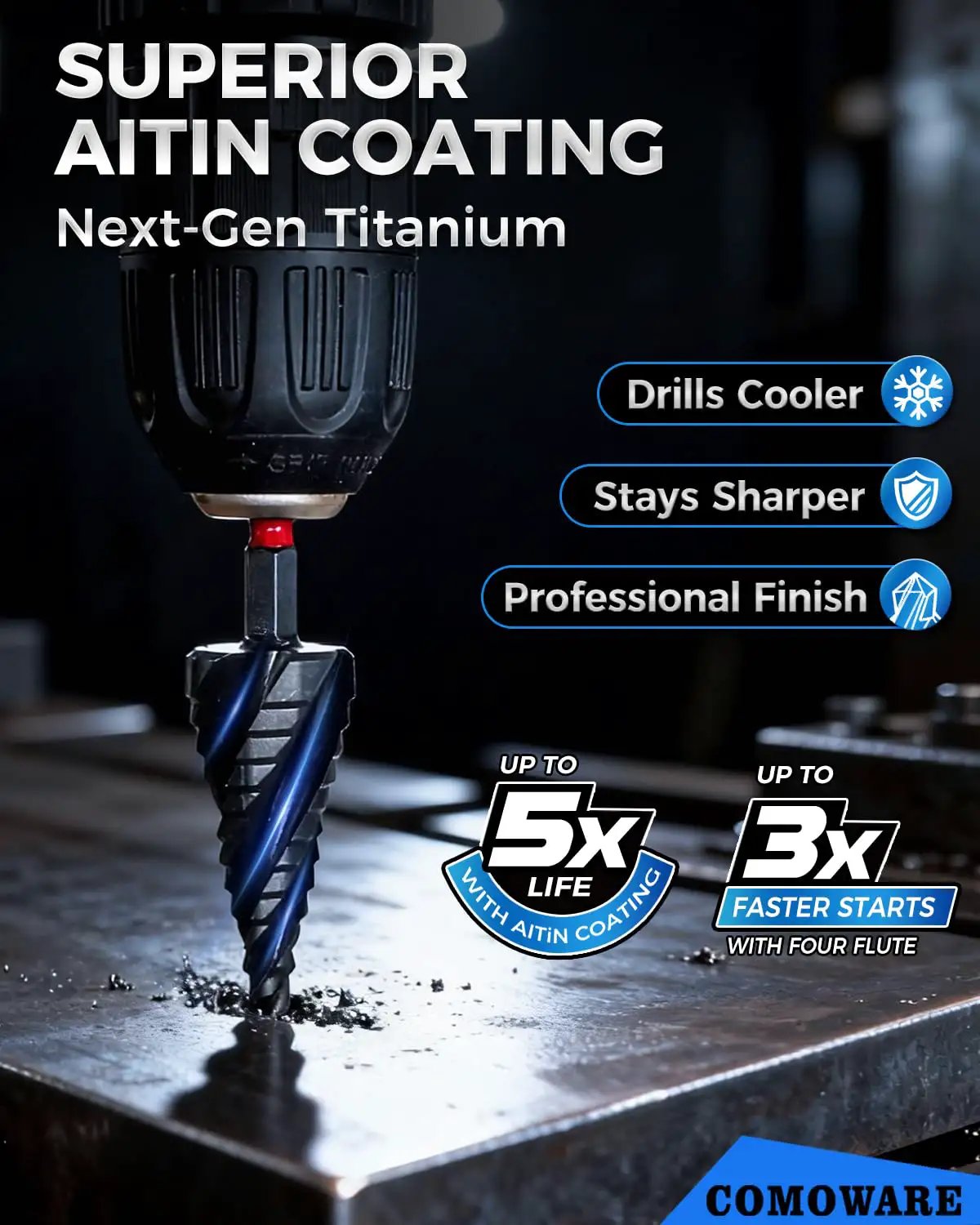 Step Drill Bit Set For Metal With Four Spiral Flute Bits 5-Piece 0.125 To 1.375 Inch Range AITIN Coated Hex Shank 0.25 Inch