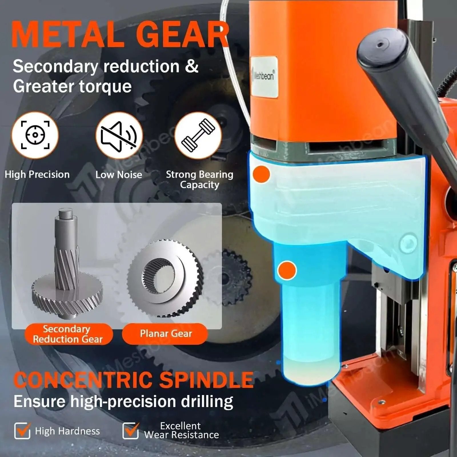 Workhorse 1400W Magnetic Drill Press With 2 Inch Capacity And 810 RPM Stepless Speed Reversible Direction 13000N Magnetic Force, close-up view of gear mechanism.