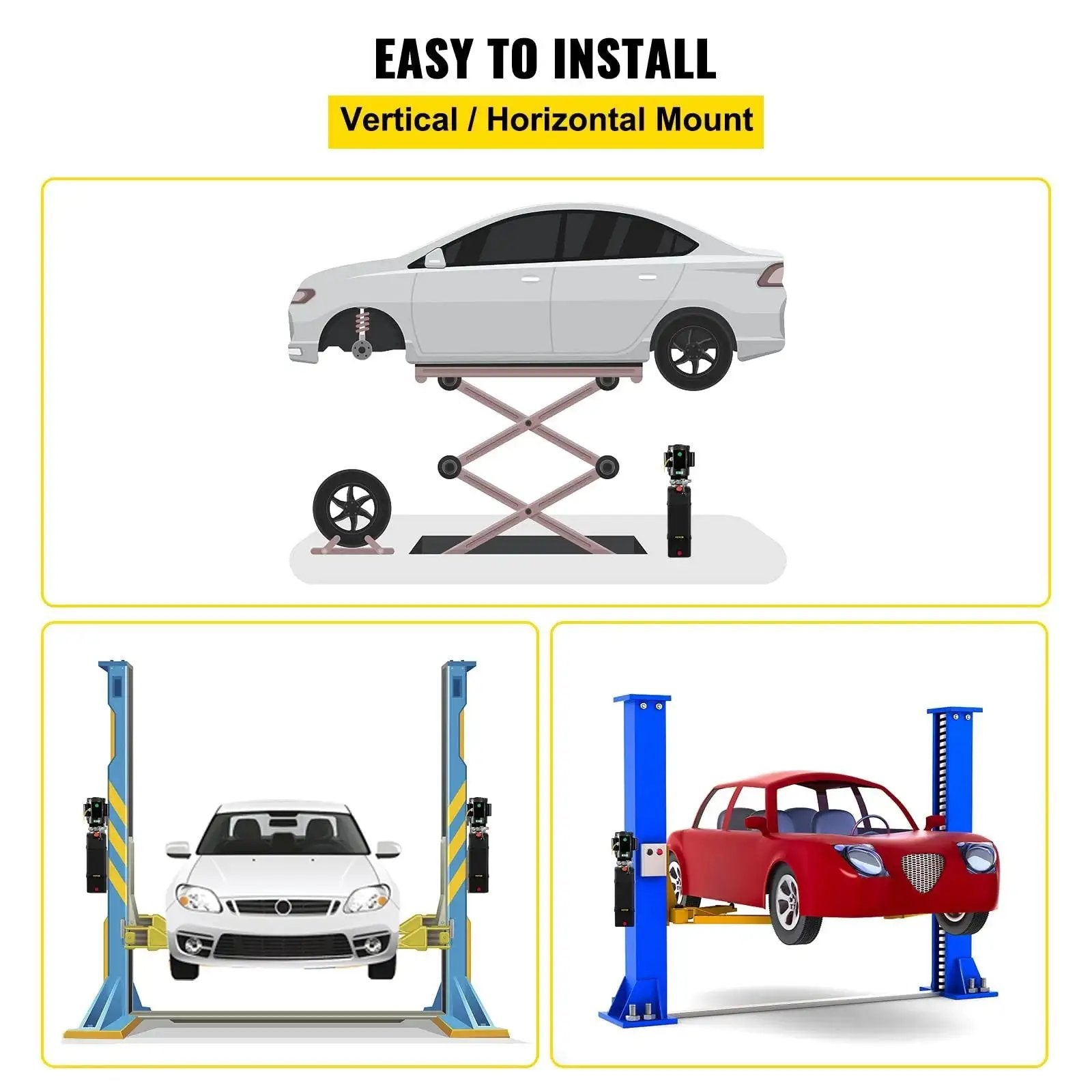 Hydraulic Power Unit For Car Lifts With 220V AC Motor, 3 HP, 2750 PSI lifting vehicles, showcasing vertical and horizontal mounts.