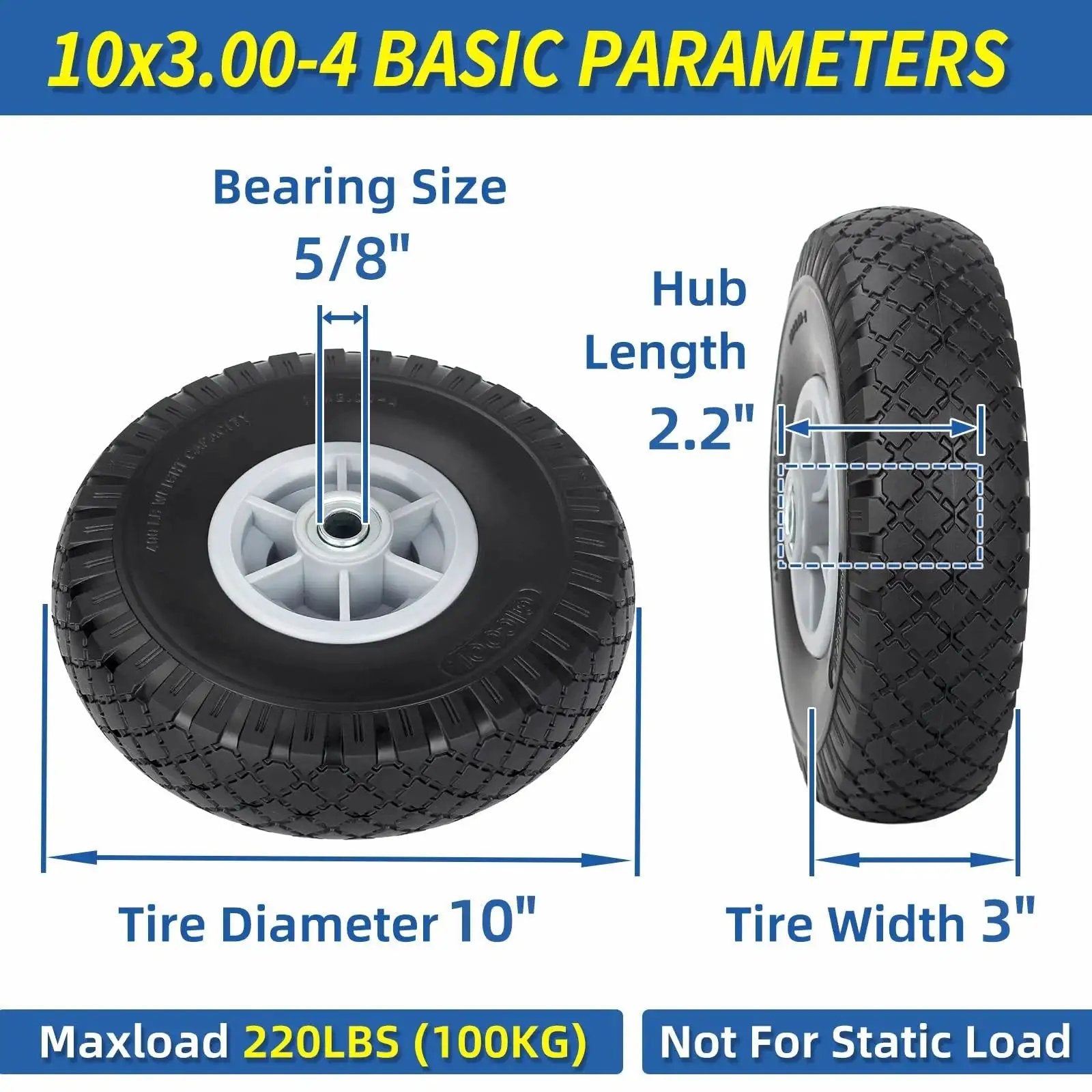 10x3.00-4 Flat Free Tire And Wheel Assembly For Carts And Trolleys, 10 Inch Diameter, 3 Inch Width, 5/8 Inch Axle Bore, 2.2 Inch Offset Hub