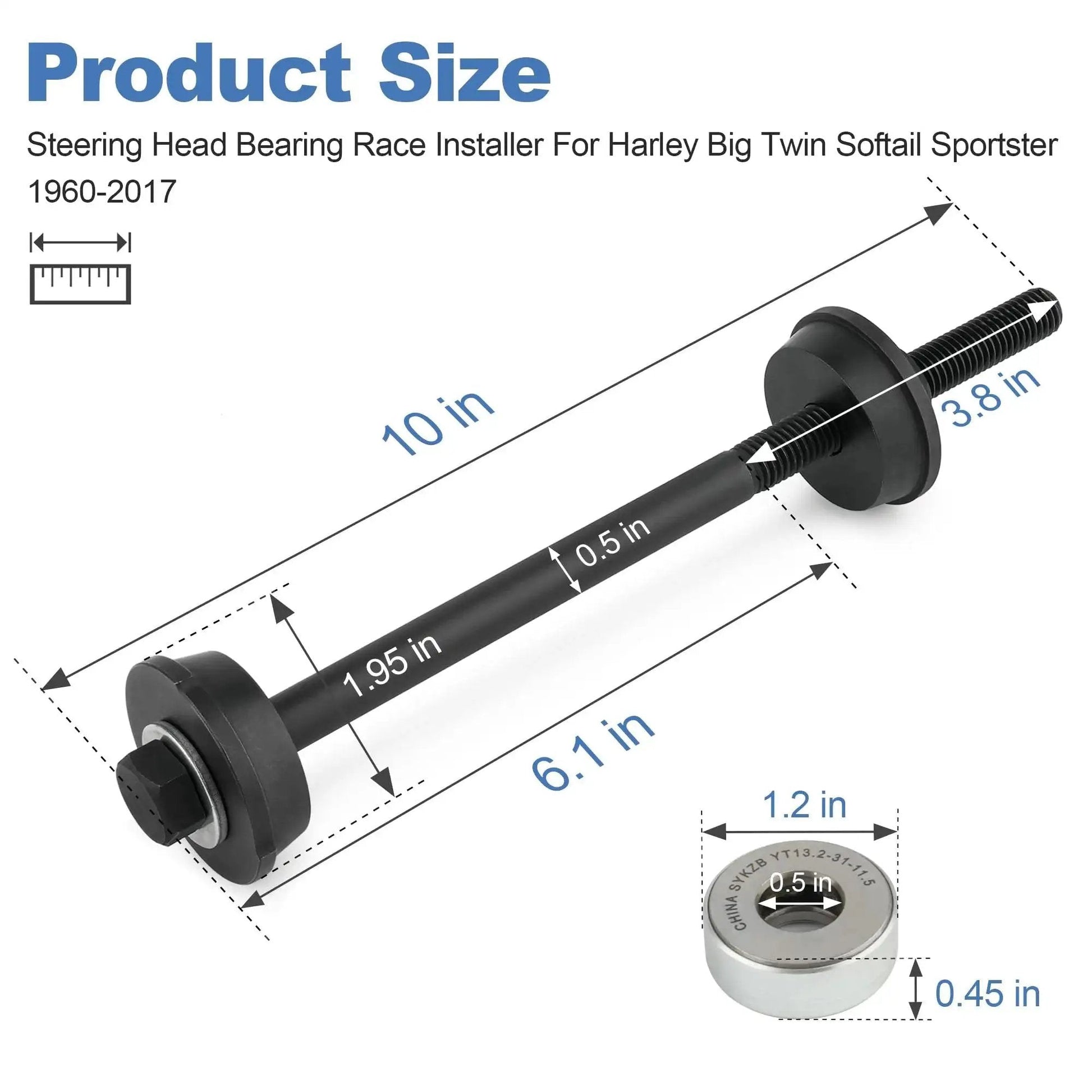Steering Head Cup And Stem Bearing Race Installer Tool for Big Twin Dyna Sportster Softail 1960-2017 product size dimensions.