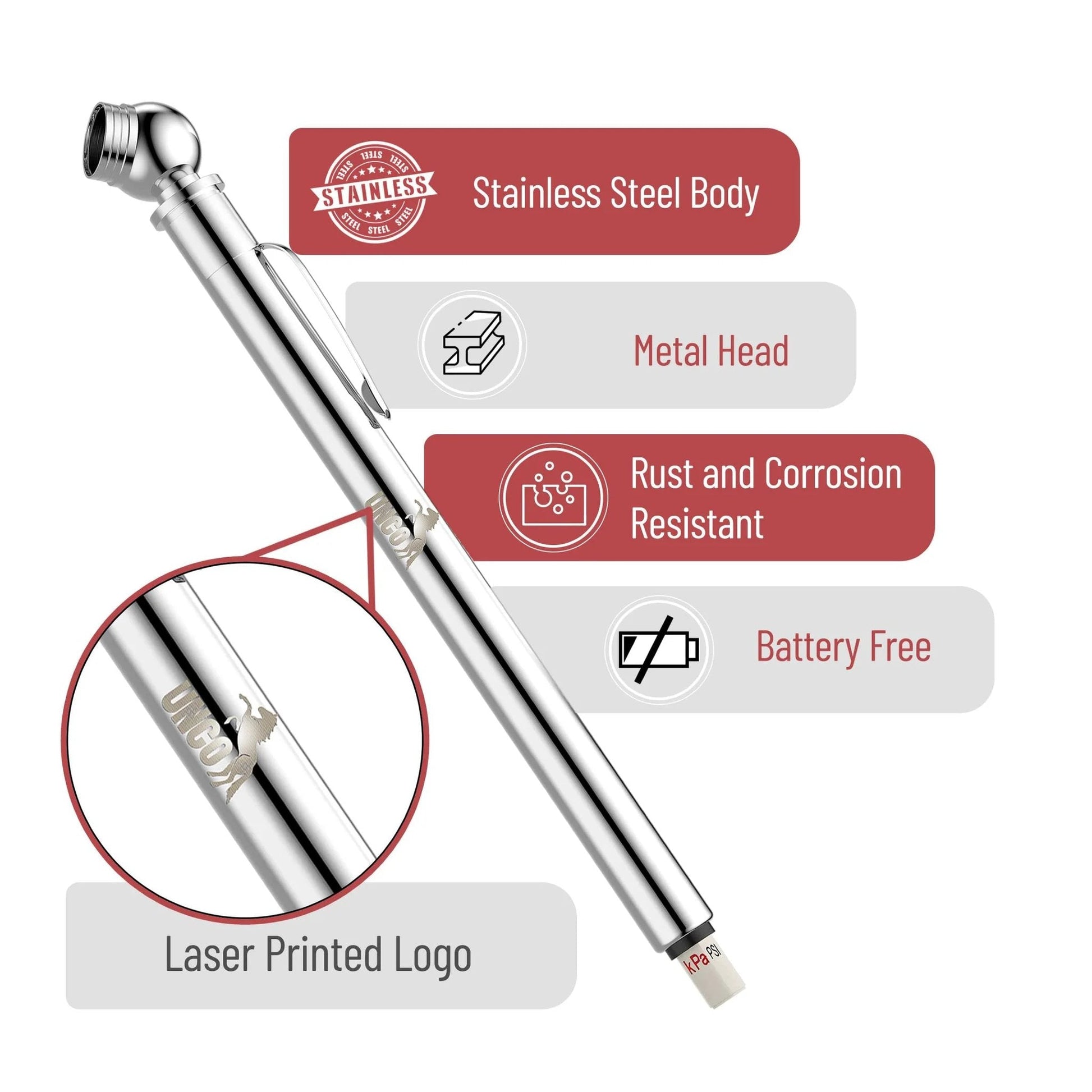 Two Pack Pencil Tire Gauge For Cars 10 To 75 PSI 70 To 550 kPa 0.7 To 5.5 BAR Stainless steel construction with logos and features.