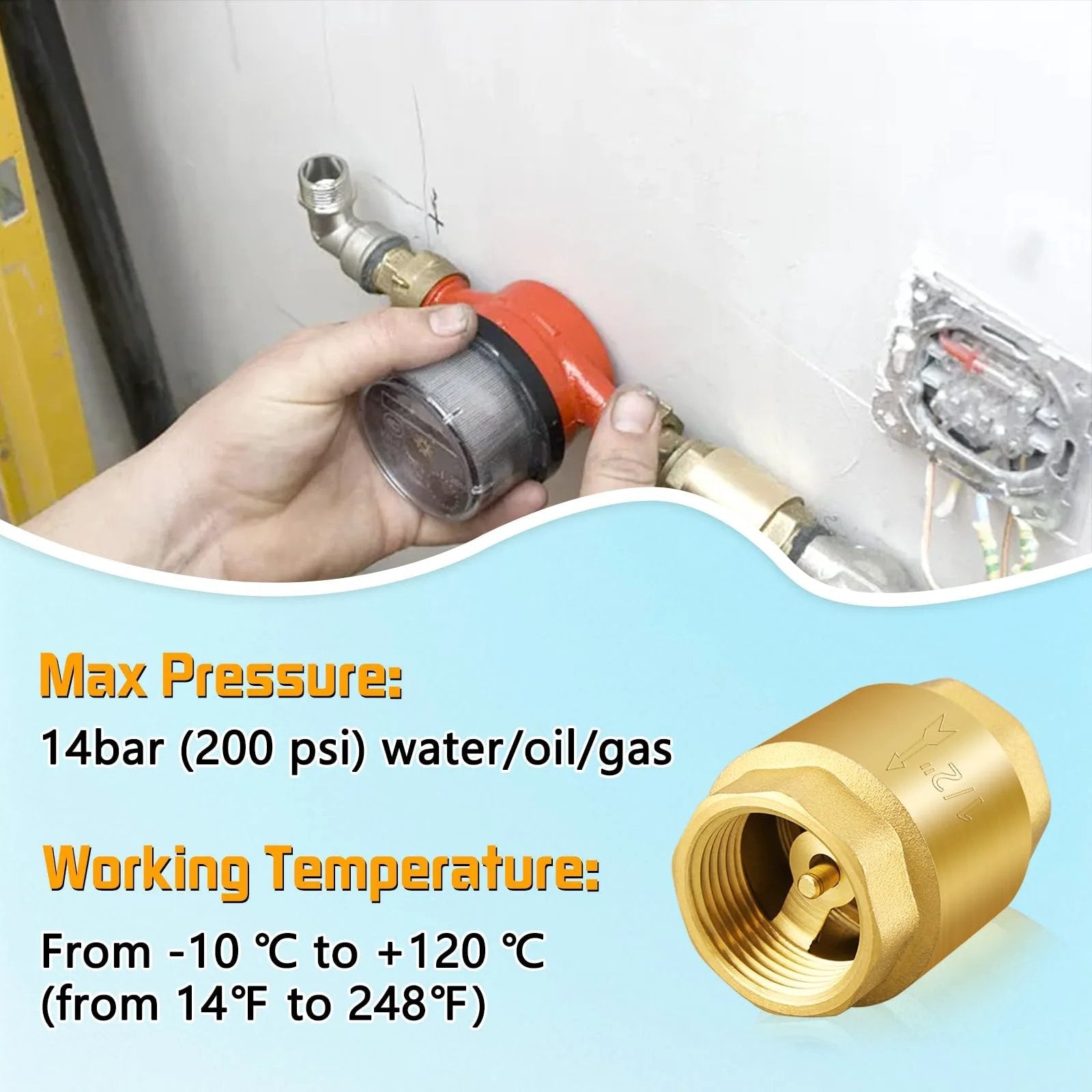 Solid Brass Spring Check Valve One And One Half Inch NPT Female Thread Non Return One Way Inline Water Valve For Well Pump Tank And Backflow Preventer Built To Last Heavy Duty With Horizontal Or Vertical Install Capability shown during plumbing installation.