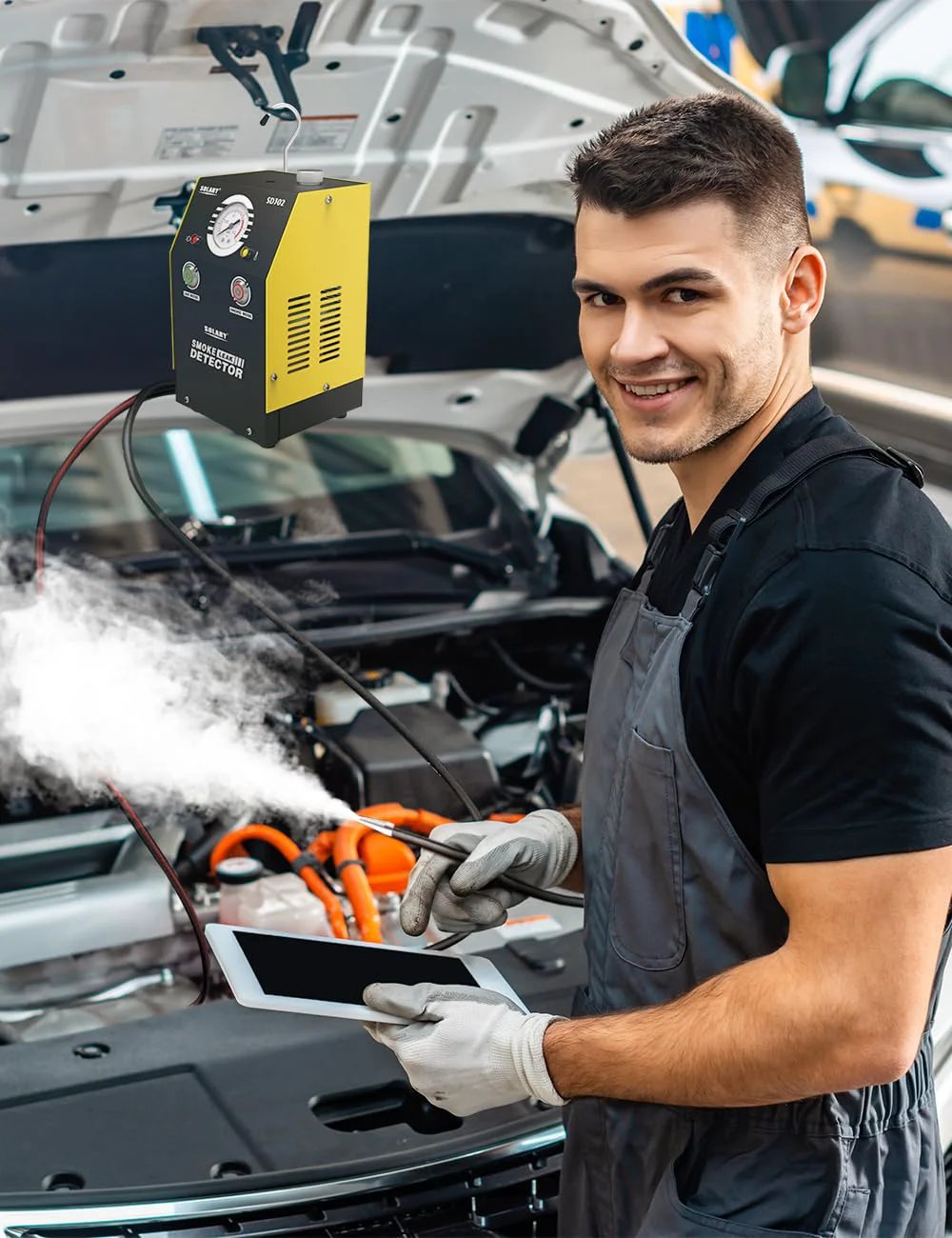 Car Smoke Tester For EVAP And Vacuum Leaks, 12V DC Automotive Smoke Machine In Use On Vehicle Engine By Solary