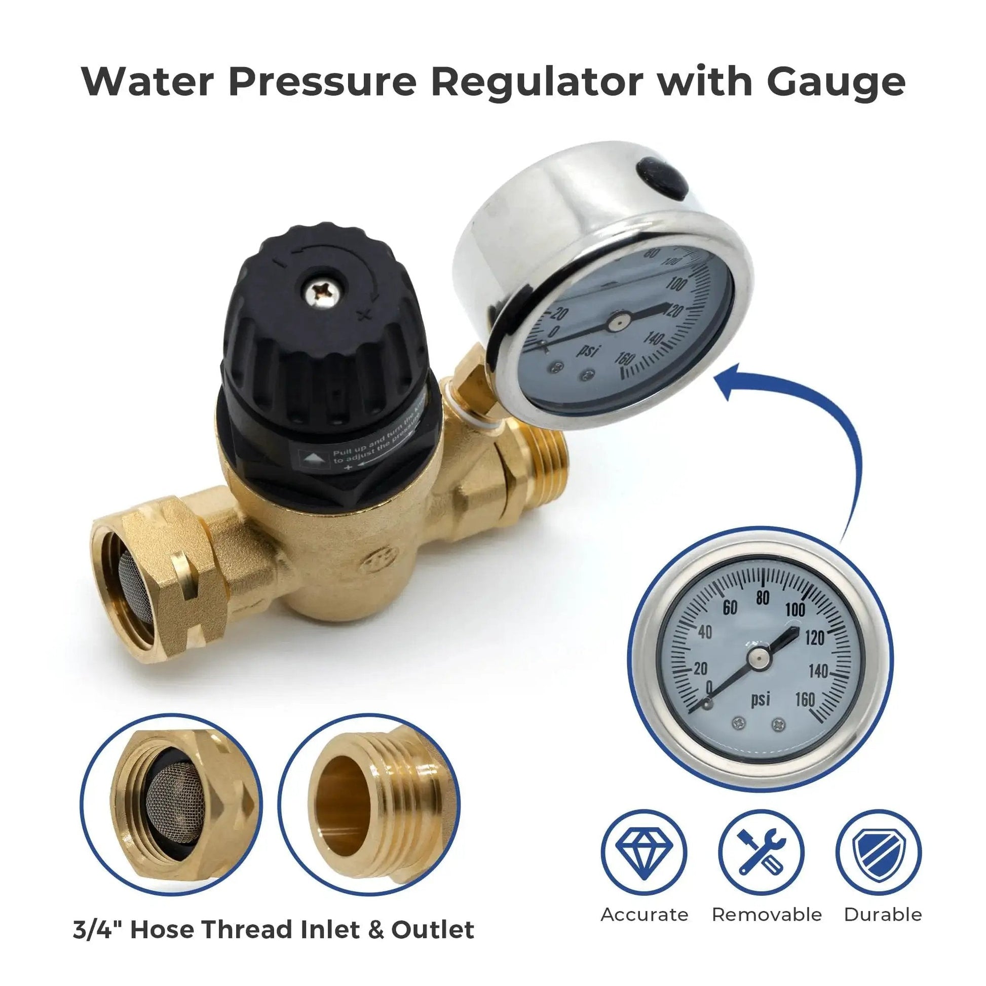 Adjustable Tool Free Water Pressure Regulator Valve With Gauge For RVs Campers Travel Trailers Three Quarters Inch NH Thread