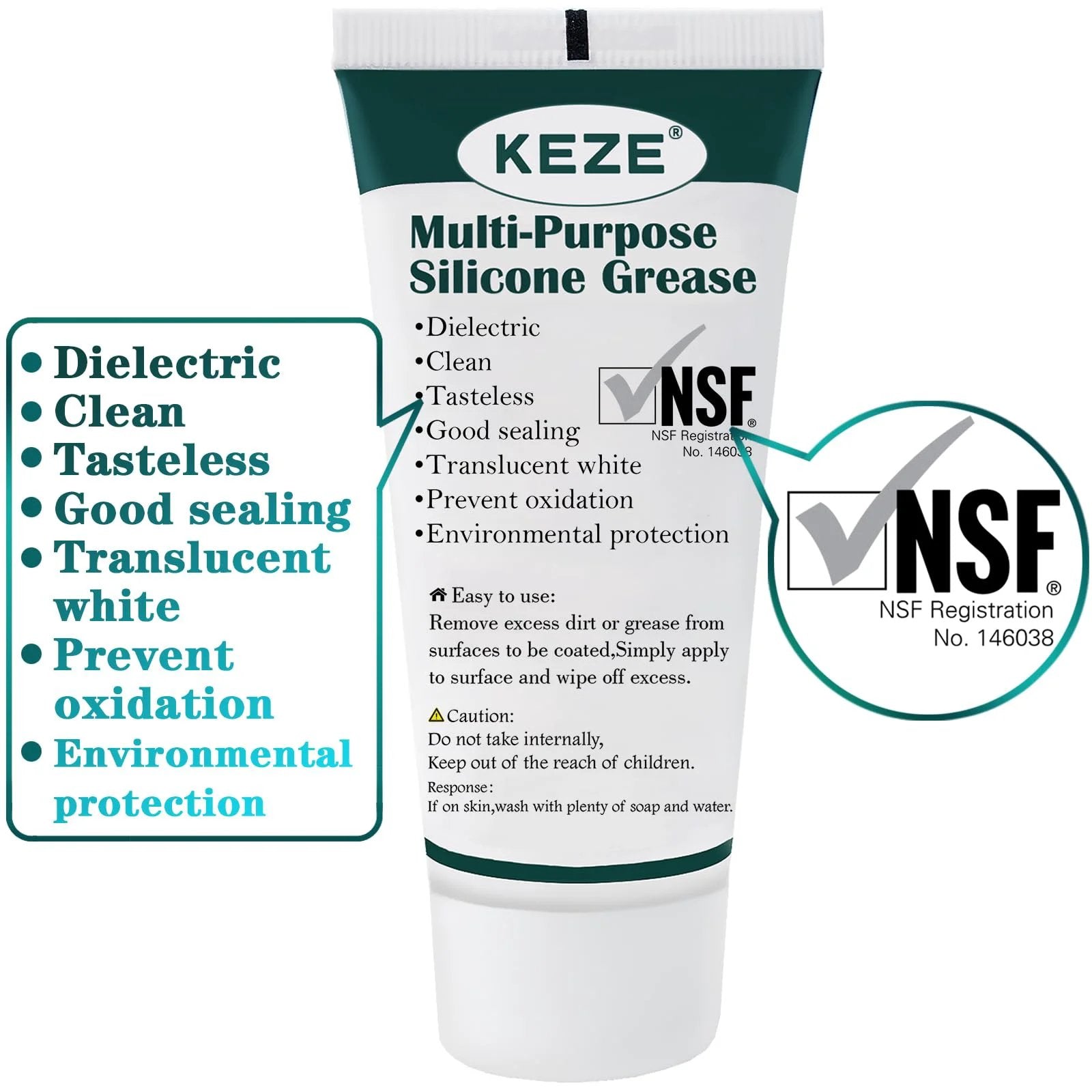 KEZE Multi-Purpose Silicone Grease tube with NSF logo, highlighting dielectric protection and environmental benefits.