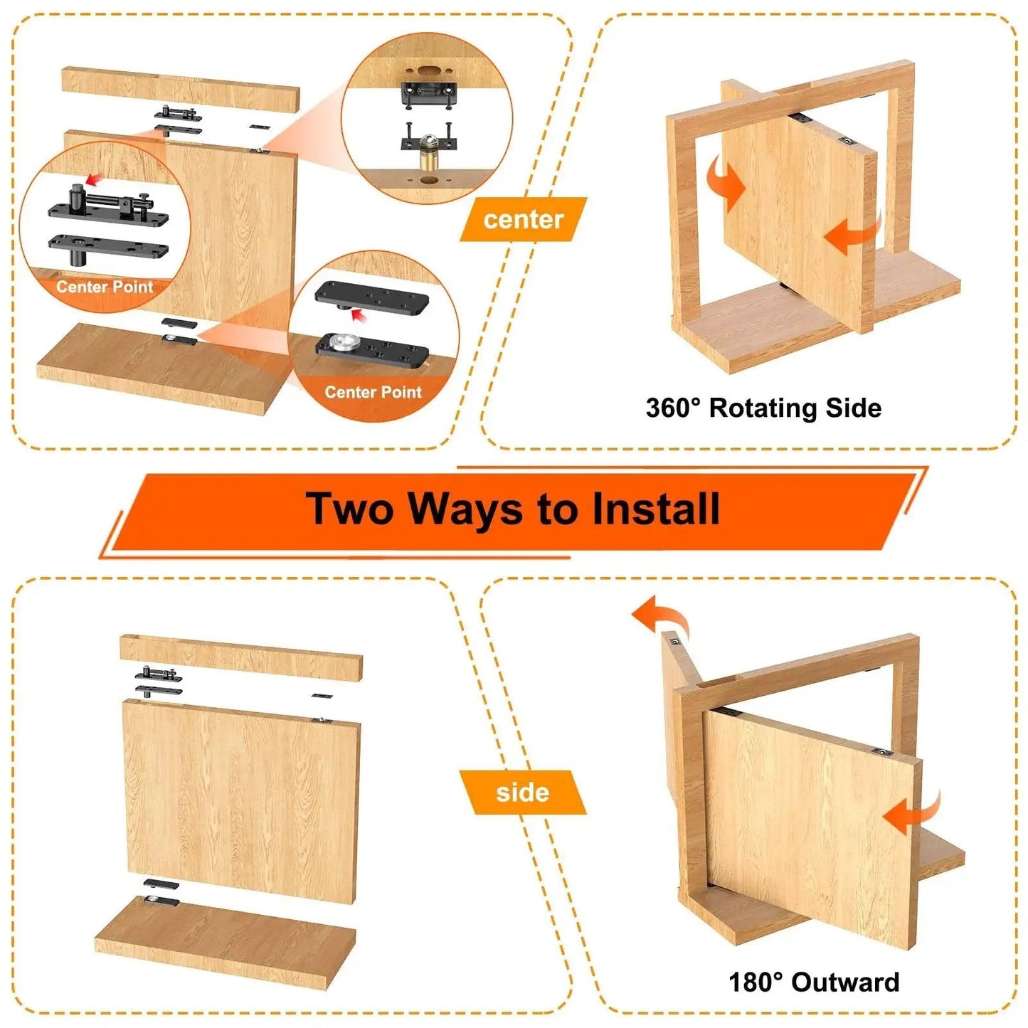 Diagram showing two installation methods of Hidden Door Hinge Beefy 570 Lbs Load Bearing 360 Degree Pivot for secret doors.