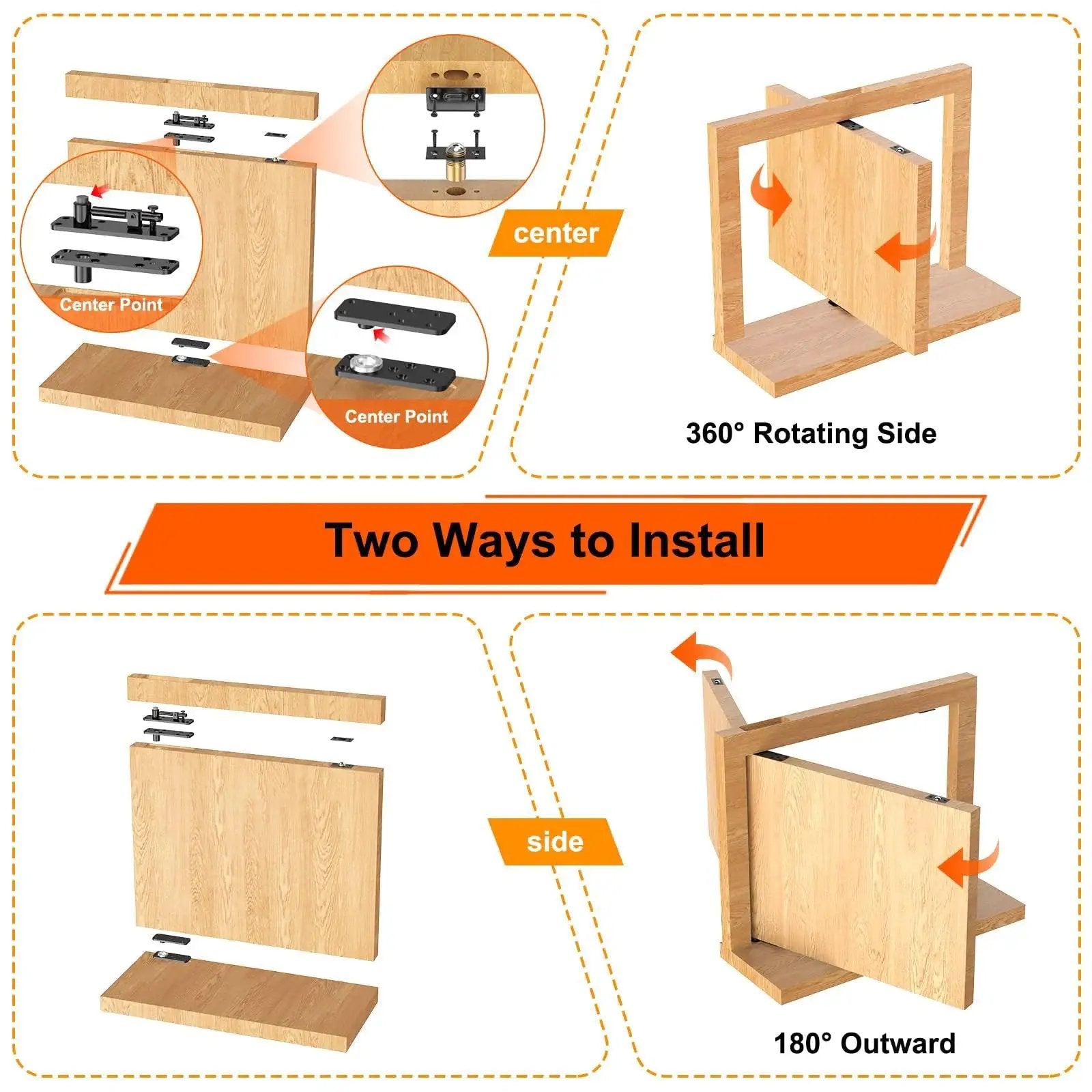 Diagram showing two installation methods of Hidden Door Hinge Beefy 570 Lbs Load Bearing 360 Degree Pivot for secret doors.