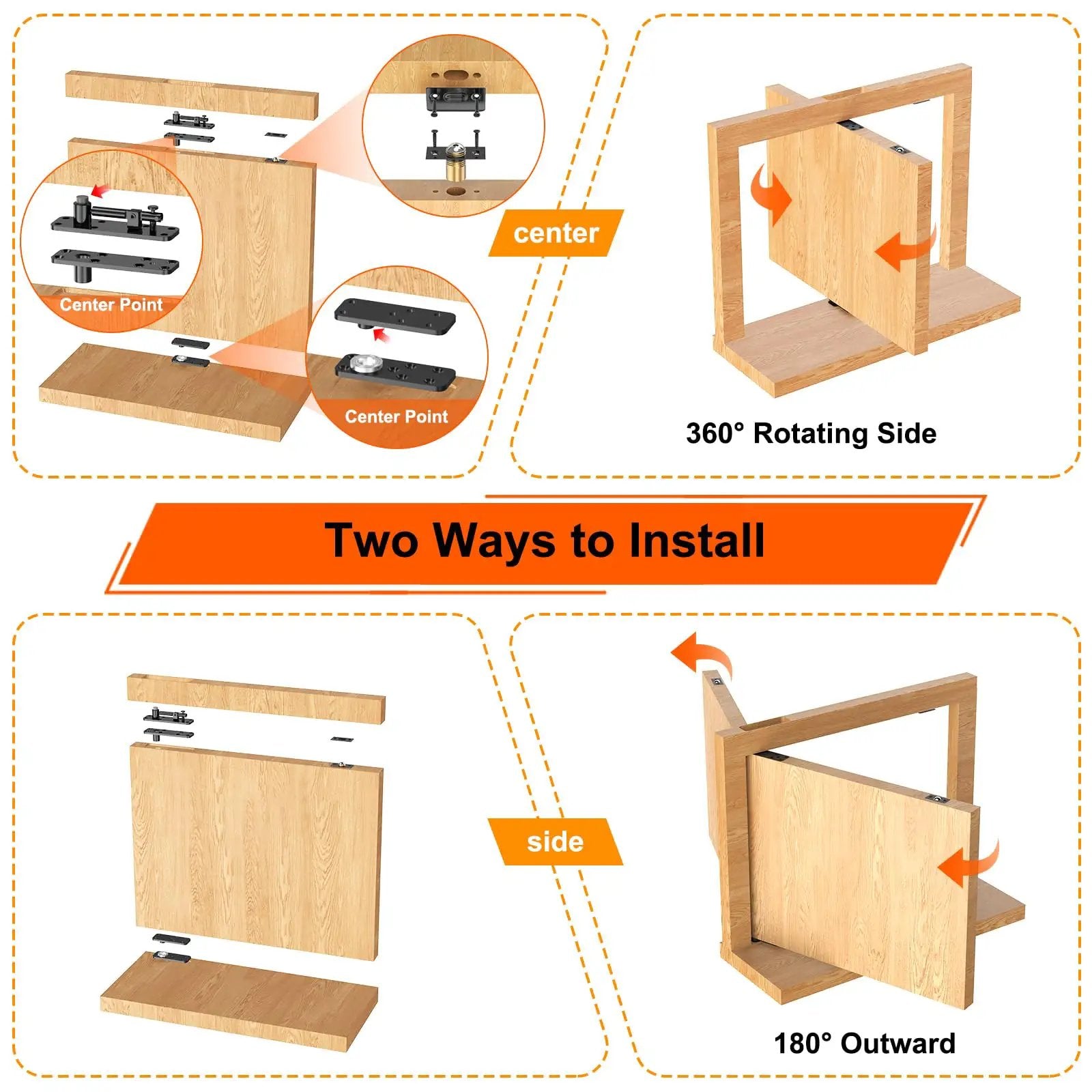 Illustration showing installation options for Beefy Heavy Duty Hidden Door Hinge With 570 Pound Load Bearing Thickened Solid Alloy Steel.
