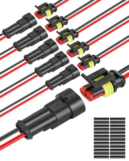 Waterproof 2 Pin Automotive Wiring Connector Kit With 16 AWG 2 Wire Plugs And Heat Shrink Tubing IP68 Seal For Car Truck Boat Electrical Wiring