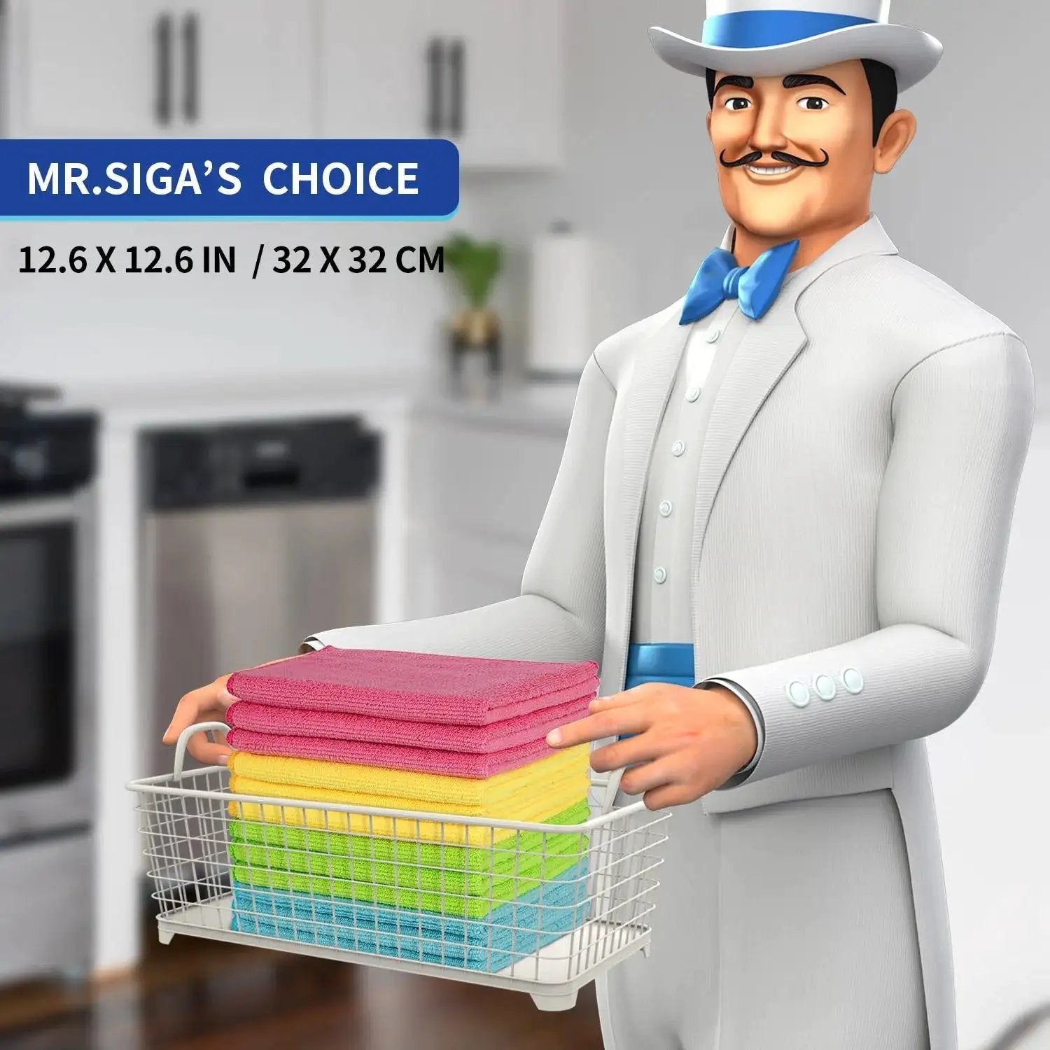 Cartoon character holding stack of colorful cleaning cloths in a kitchen setting, labeled Ultra Soft Microfiber Cleaning Cloths Pack Of 12 12.6 X 12.6 Absorbent Scratch Free.