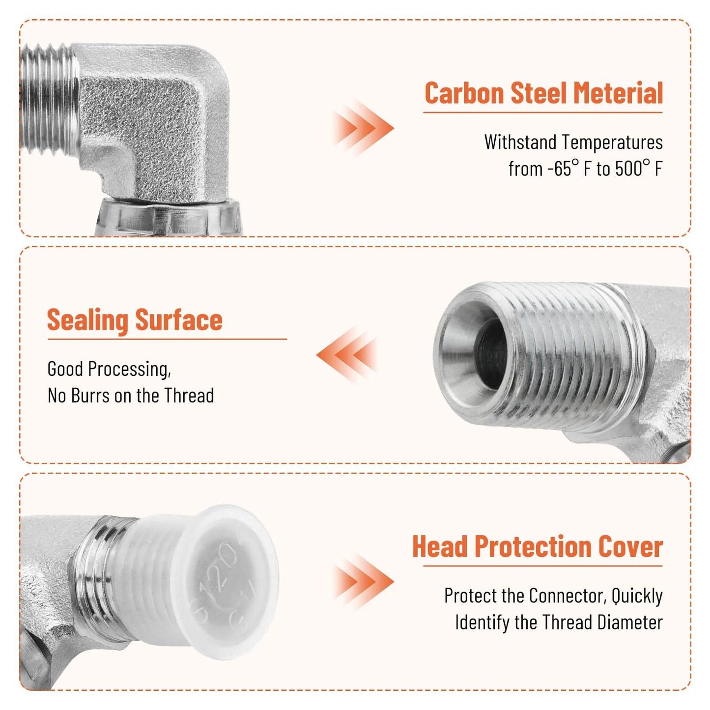 Five Pack 90 Degree Hydraulic Elbow Fittings 1 Quarter NPTF Male To 1 Quarter NPSM Female With Protection Cover And Swivel Crimp Connector For High Pressure Hydraulic Hose Up To 5000 Psi, showing carbon steel material, sealing surface, and head protection cover.