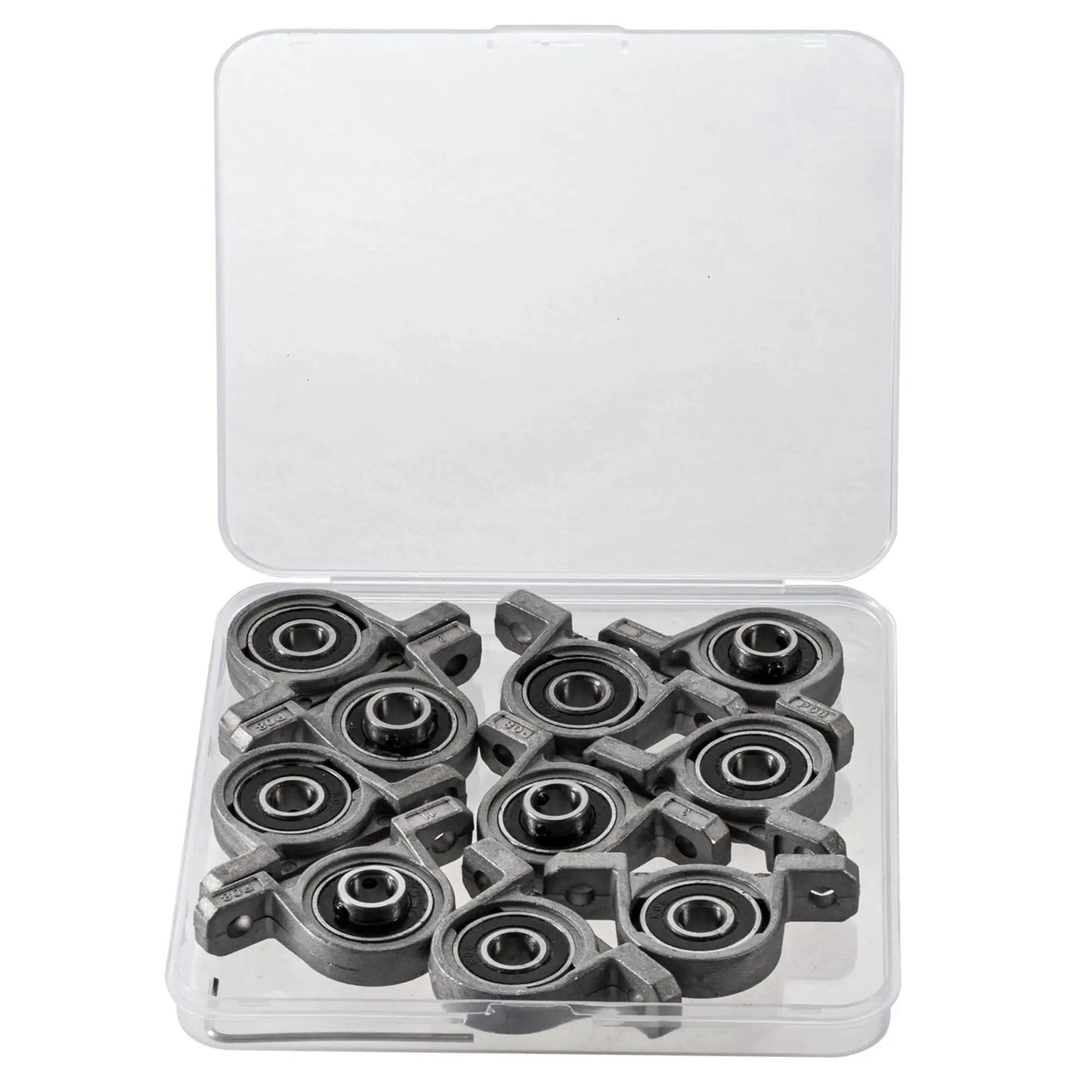 Ten Pack Pillow Block Bearings With 8 Mm Bore Ball Mounted Inserts In Zinc Alloy Beefy Heavy Duty Industrial Grade, open case view.