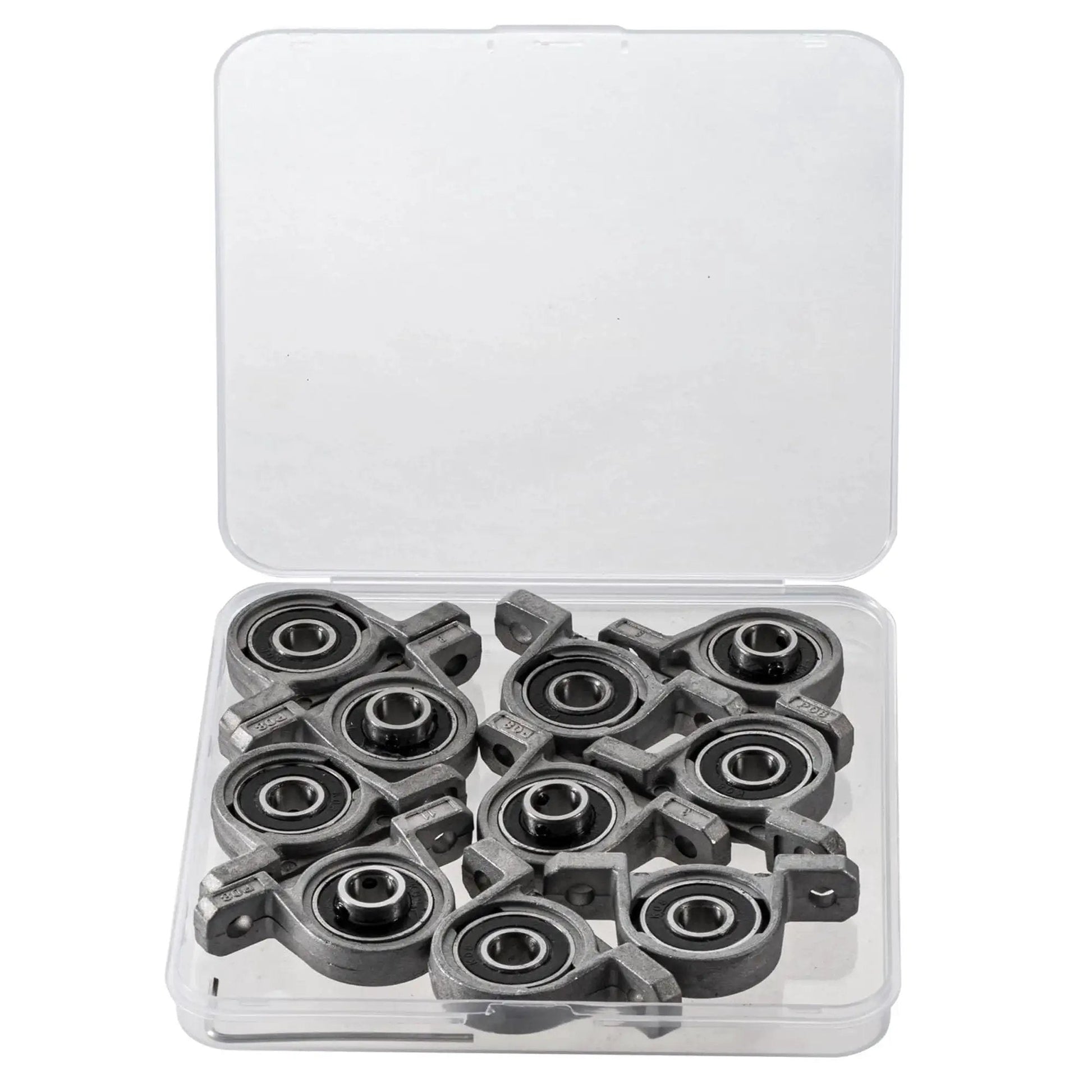 Ten Pack Pillow Block Bearings With 8 Mm Bore Ball Mounted Inserts In Zinc Alloy Beefy Heavy Duty Industrial Grade, open case view.