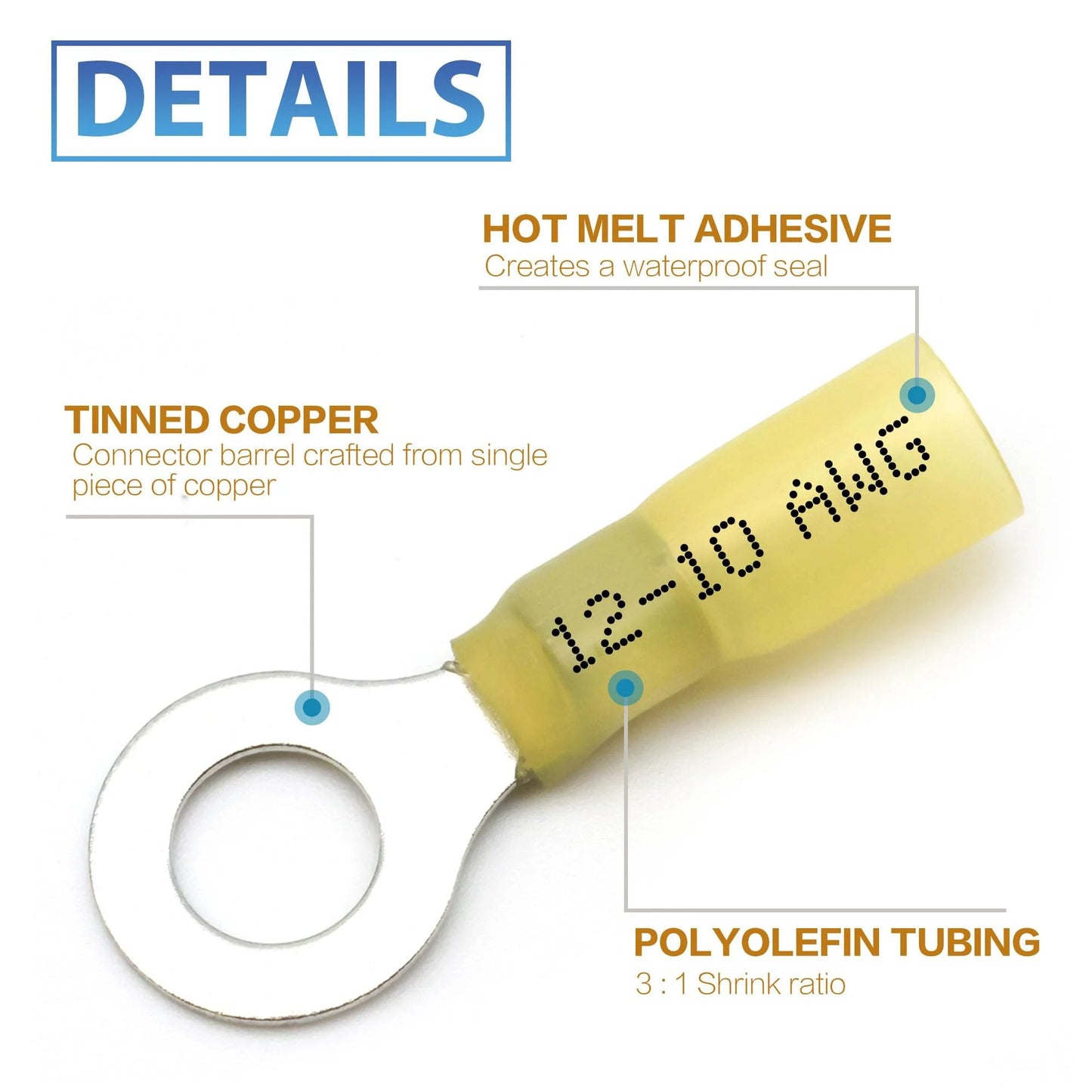 Heat Shrink Wire Connector Kit 600 Pcs For Marine And Automotive Electrical Wiring Includes Waterproof Ring Spade Fork Butt Crimp Terminals Assortment For Quick Rock Solid Connections, detailed view of yellow ring terminal with labels.
