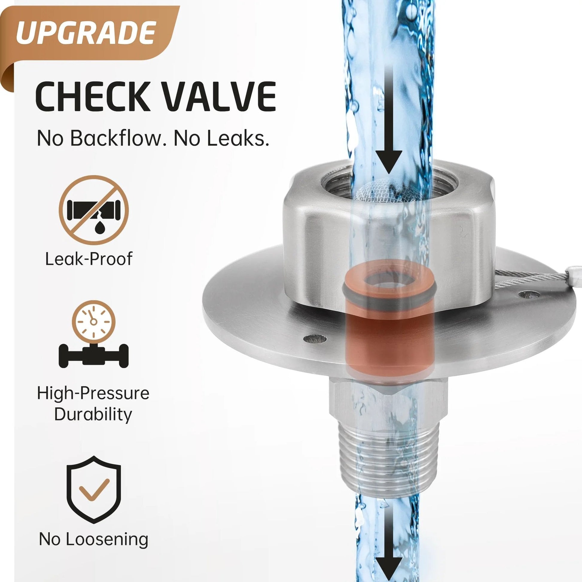 All Metal RV Water Inlet Connection With Check Valve For Camper Trailer Marine And Boat Built Tough In 18 8 Stainless Steel City Water Inlet Replacement With Leak Proof Brushed Finish By KES, showing check valve with water flow.