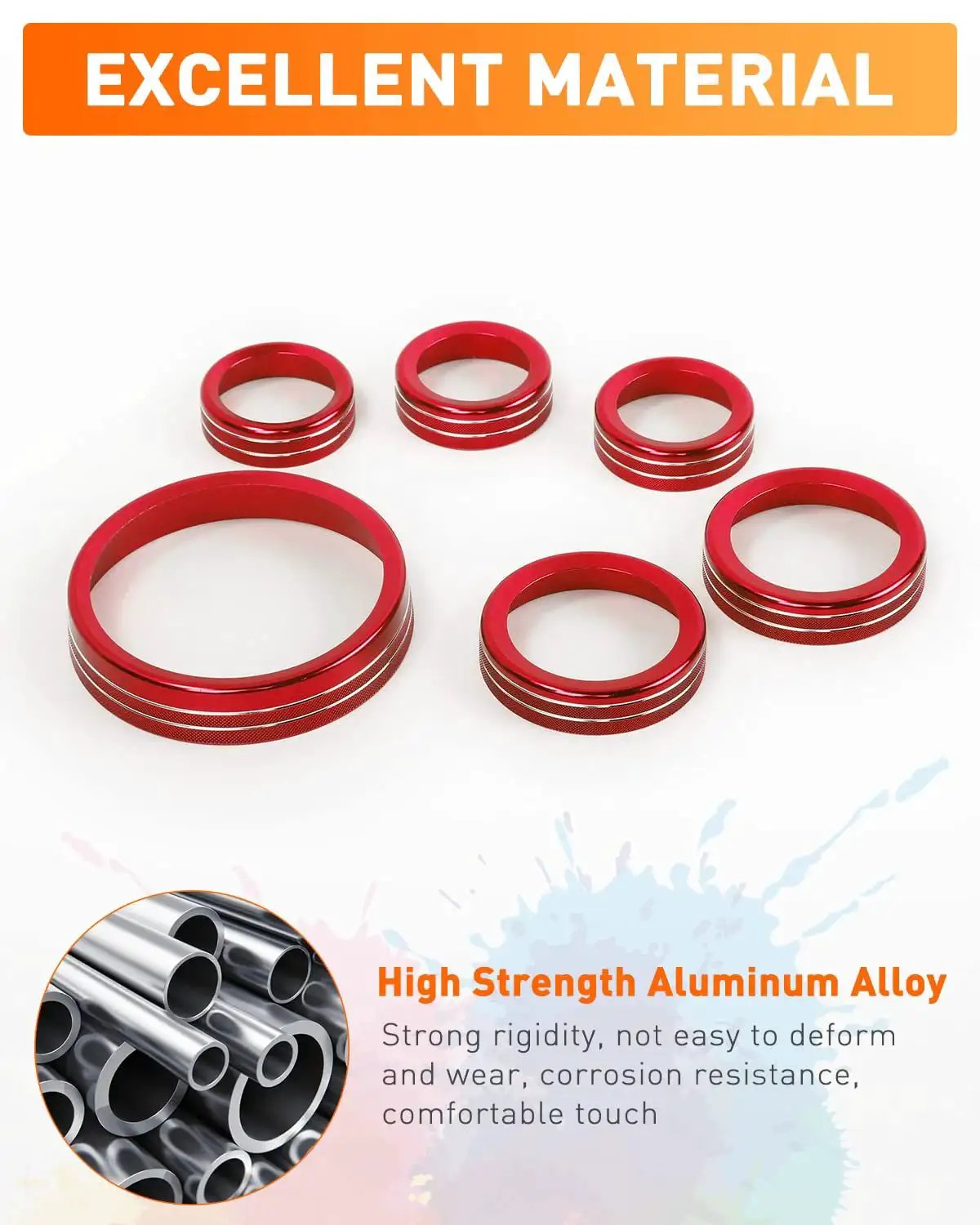 Ford Bronco Billet Aluminum Knob Trim Set Red Bezel For Headlight 4WD HVAC Radio displayed flat on surface