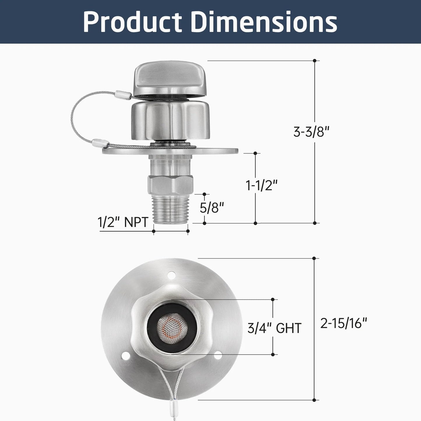 All Metal RV Water Inlet Connection With Check Valve For Camper Trailer Marine And Boat Built Tough In 18 8 Stainless Steel City Water Inlet Replacement With Leak Proof Brushed Finish By KES dimensions diagram