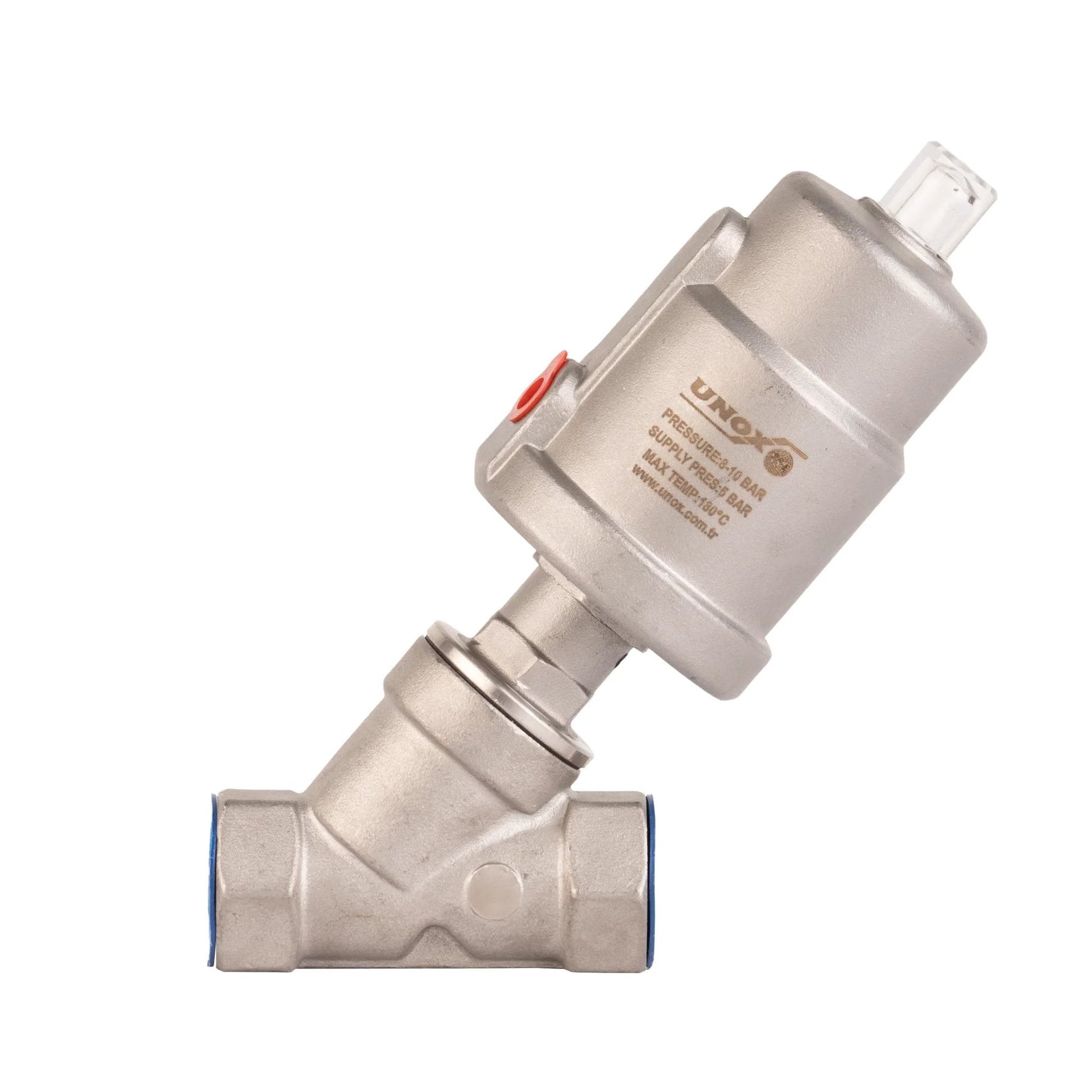 Three Quarter Inch Stainless Steel Pneumatic Valve With Angle Seat Normally Closed Steam And Air Control Three To Eight Bar Range Fast Response Heavy Duty Industrial Single Acting Valve With Threaded Connection From UNOX