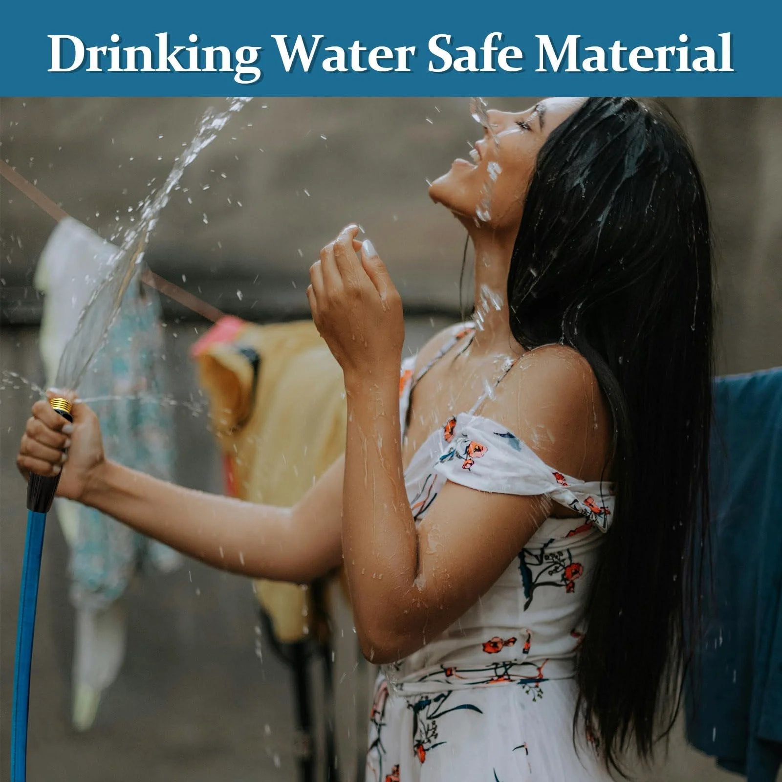 Woman joyfully spraying water while holding the Ultra Light 50ft Garden Hose Made From TPE Not PVC, Sea Blue, Ultra Flexible And Non Shrinking With Solid Brass Fittings, All Weather Drinking Water Safe Material, Easy To Store, Gnimihz.