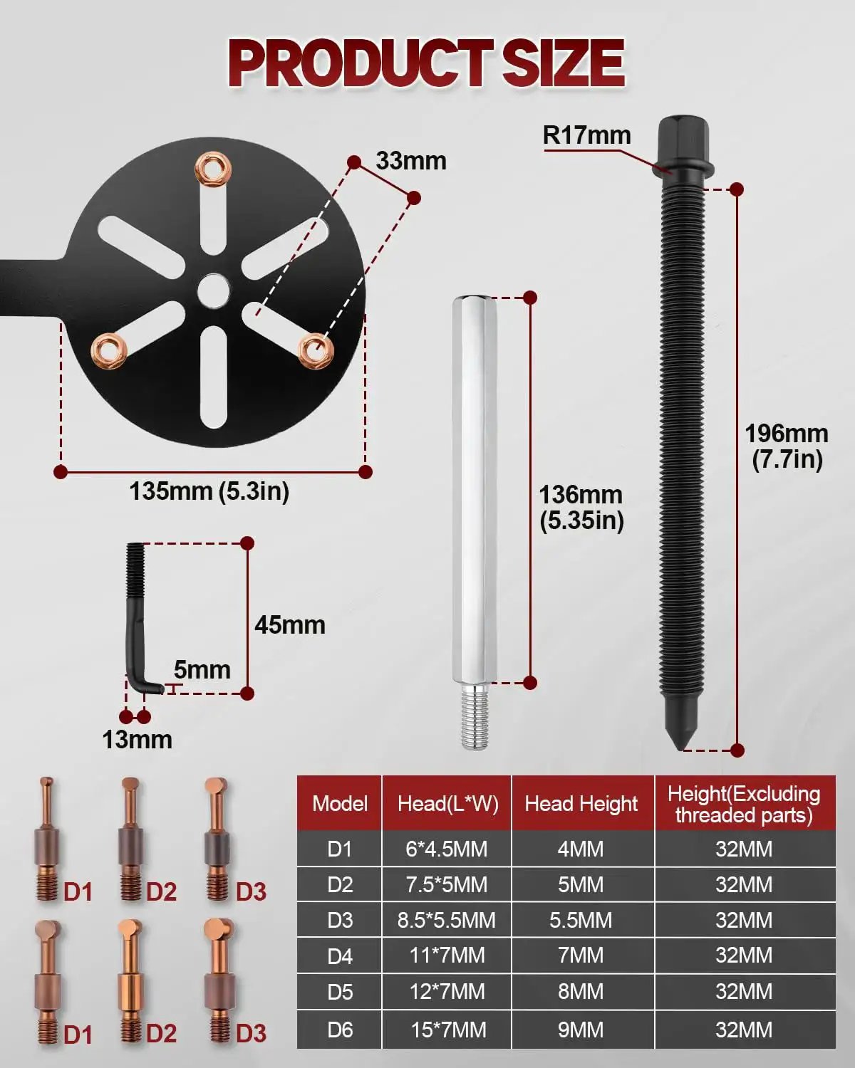 Diagram showing dimensions of the 21 In 1 Bearing Puller Kit With Curved Hook And Red Steel Collet, component measurements detailed.