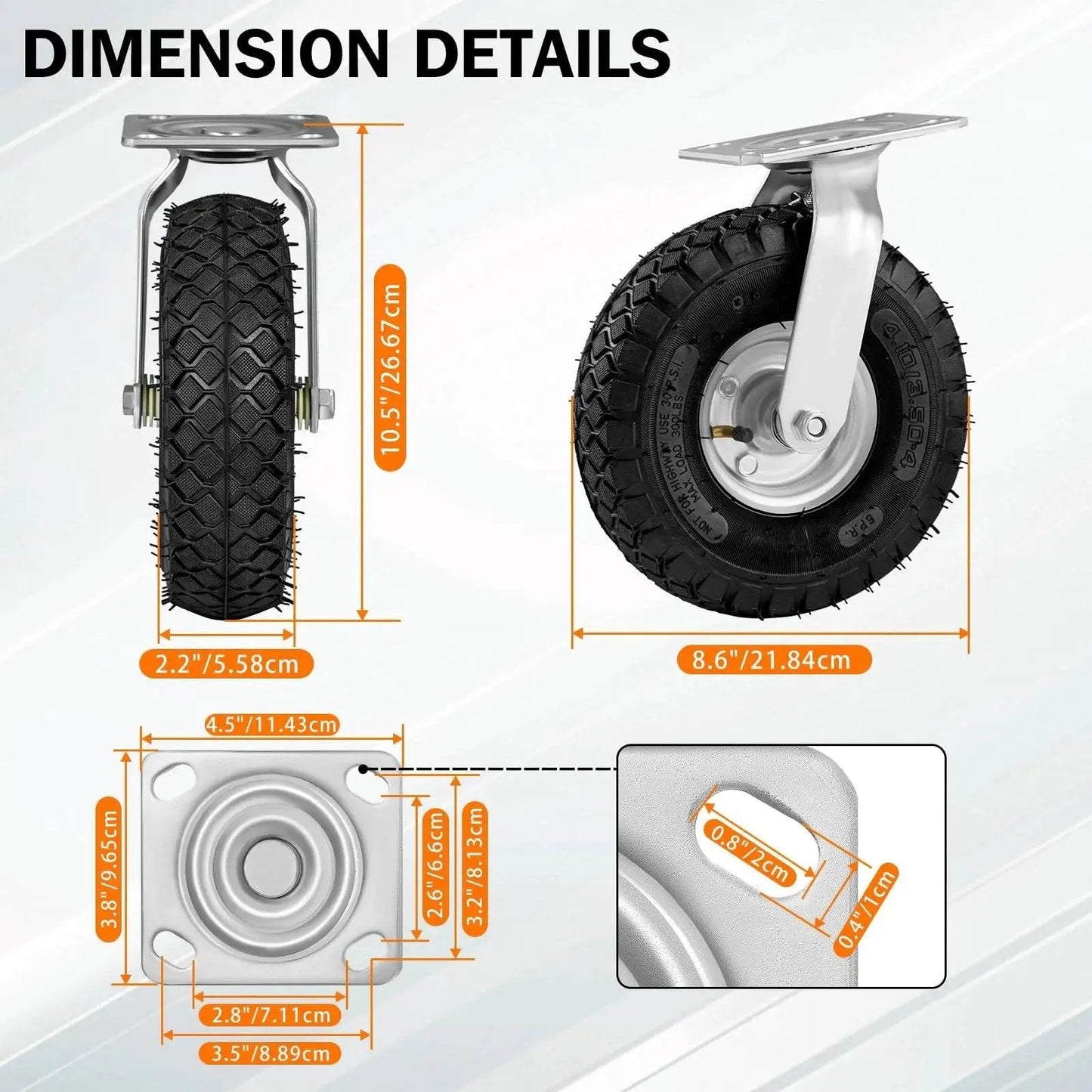 Dimensions of 8 Inch Pneumatic Casters 4 Pack With 2 Swivel And 2 Rigid Heavy Duty Wheels 1200 Lbs Capacity Rubber Tread Casters