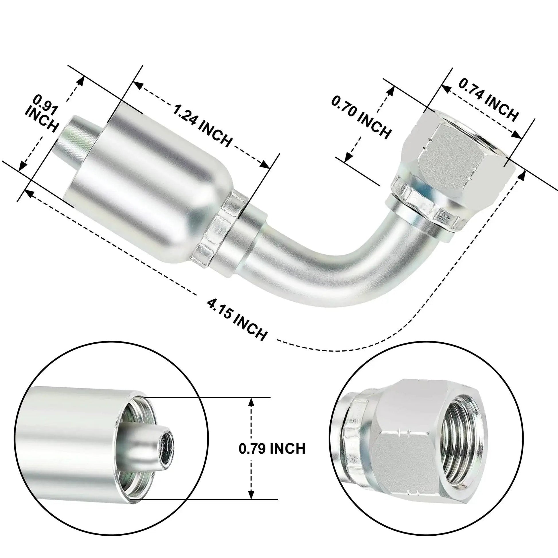 Beefy Three Eighths Inch Hydraulic Fittings 90 Degree JIC Hose Crimp Kit for repair of hydraulic lines, close-up details
