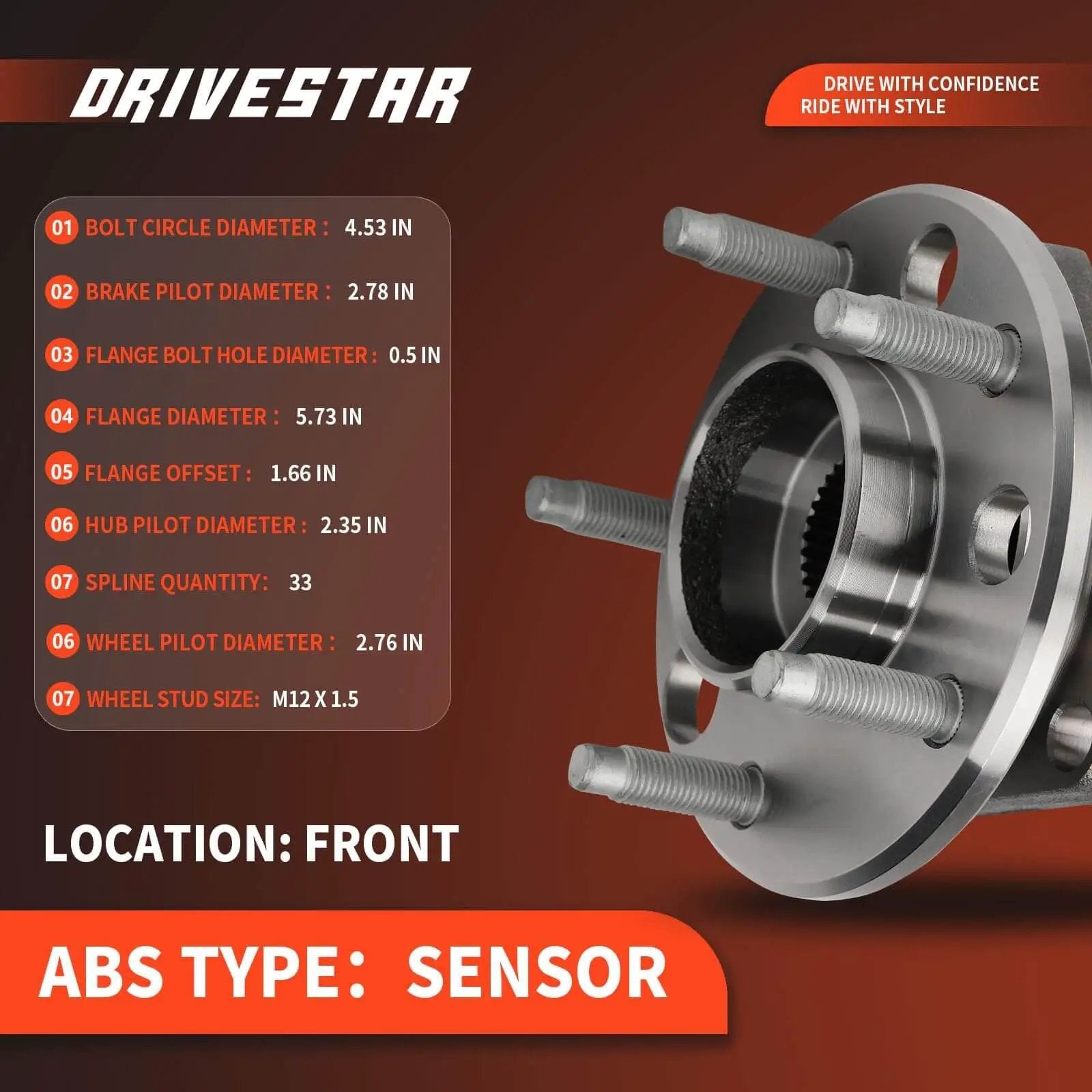Front Wheel Hub & Bearing Assembly Pair (5 Lug w/ABS) for Buick LeSabre, Cadillac, Chevy, Pontiac, Olds specs