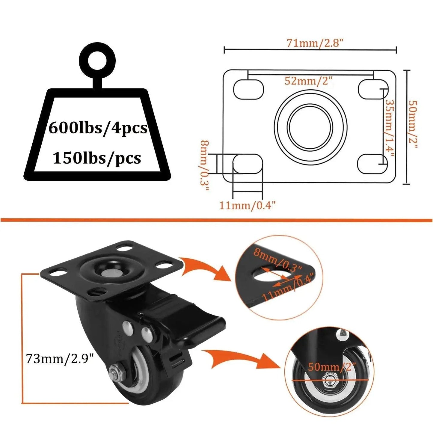 Technical diagram and close-up of 2 Inch Caster Wheels Set Of 4 With 360 Degree Swivel And Brakes Lockable Bearing Plate Casters.