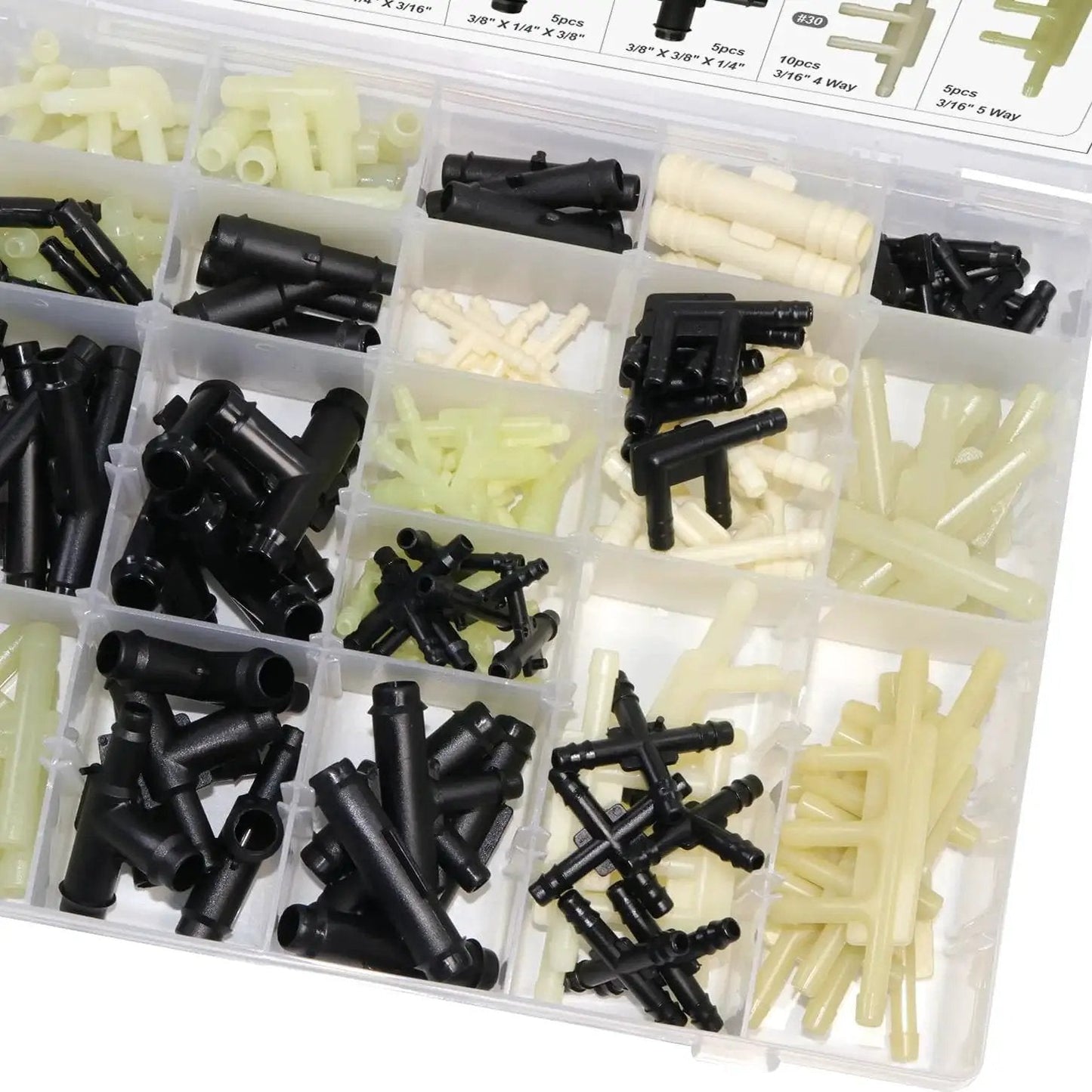 169-Pc Vacuum Connector Kit With 32 Sizes And 169 Pieces, heat resistant nylon fittings in organizer