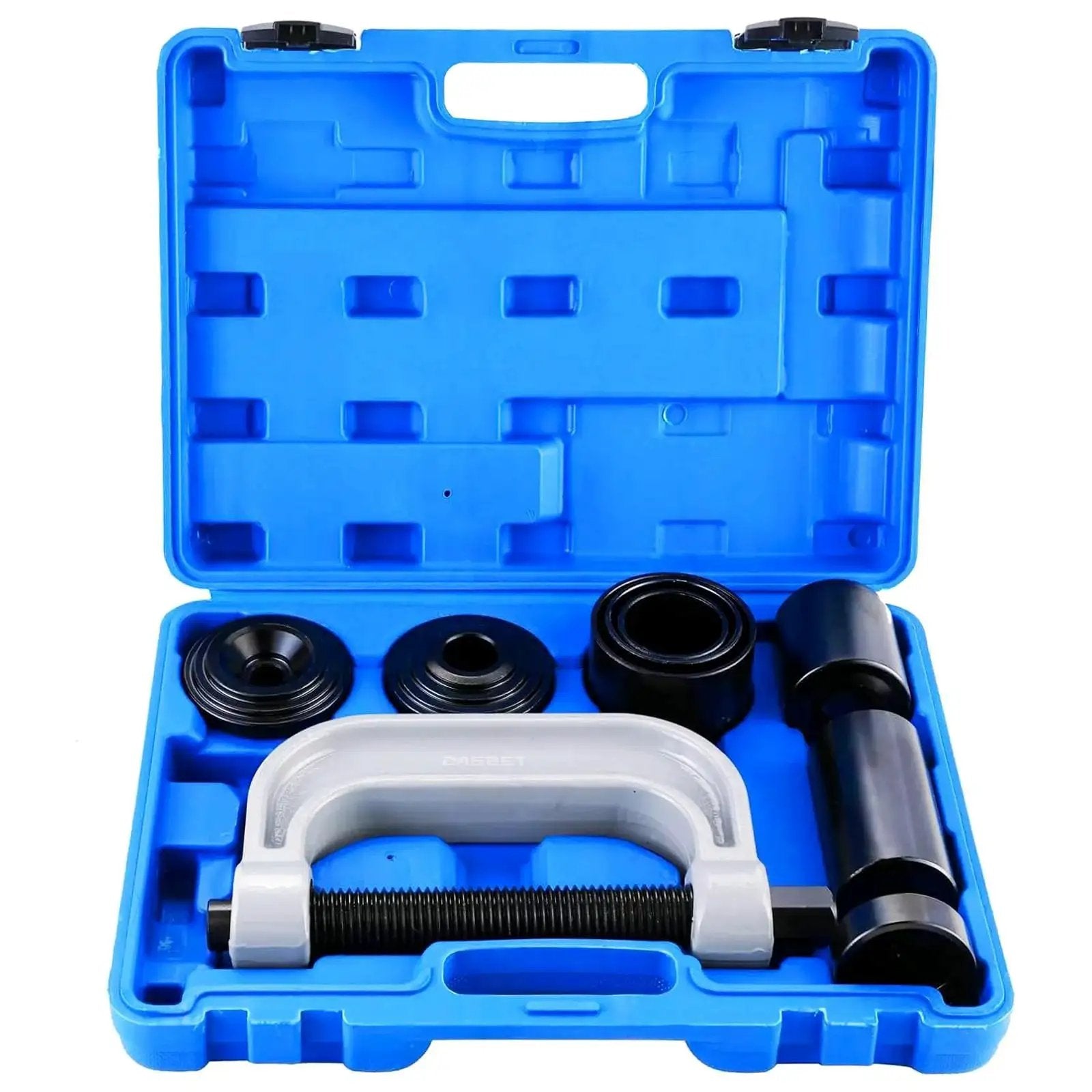 Ball Joint Press Kit Heavy Duty U Joint Tool Bushing Fits Cars Trucks 10 Piece in open blue case with components visible