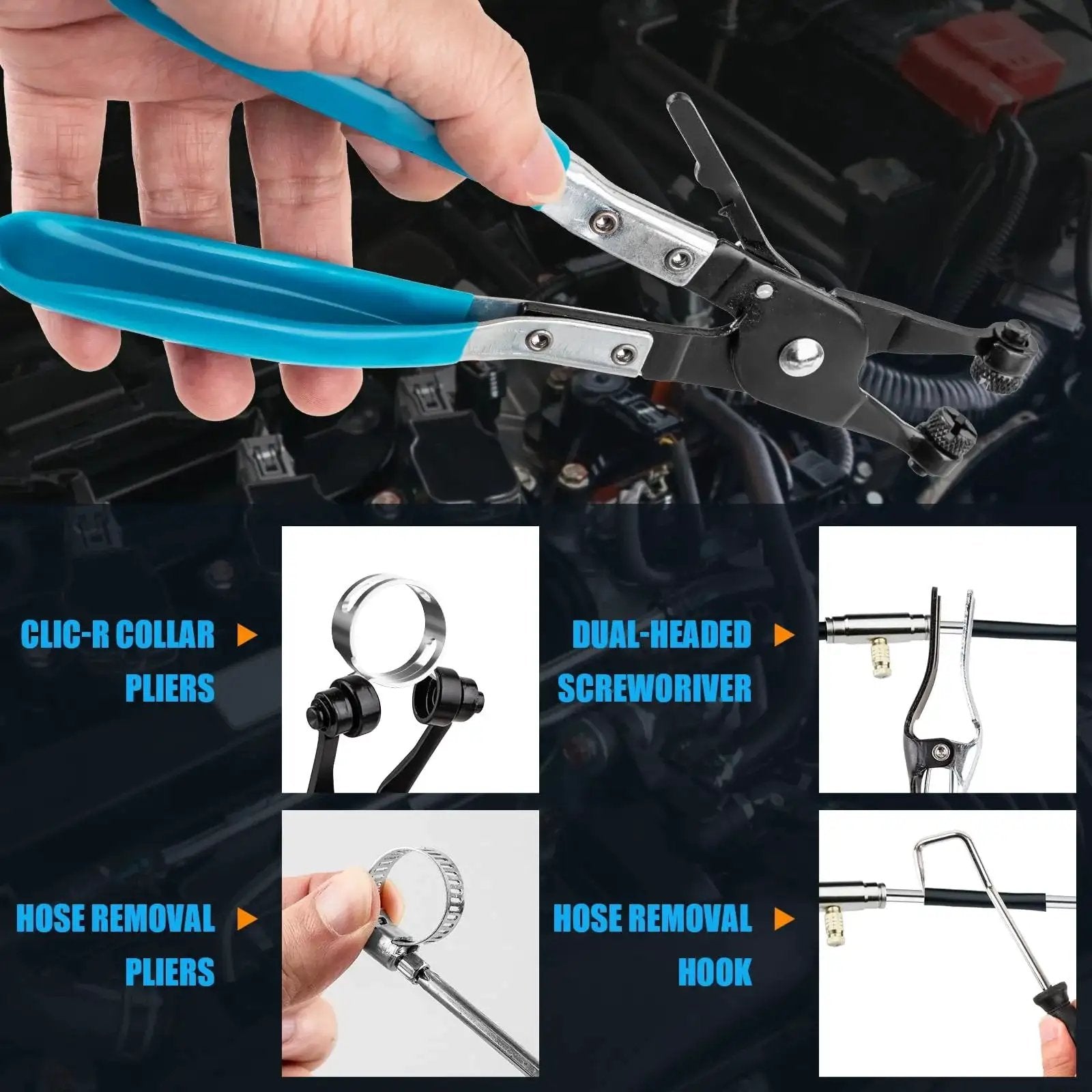 9 Piece Hose Clamp Pliers Set With Long Reach Flexible Cable And Swivel Jaw, shown with blue handled pliers and hose attachments