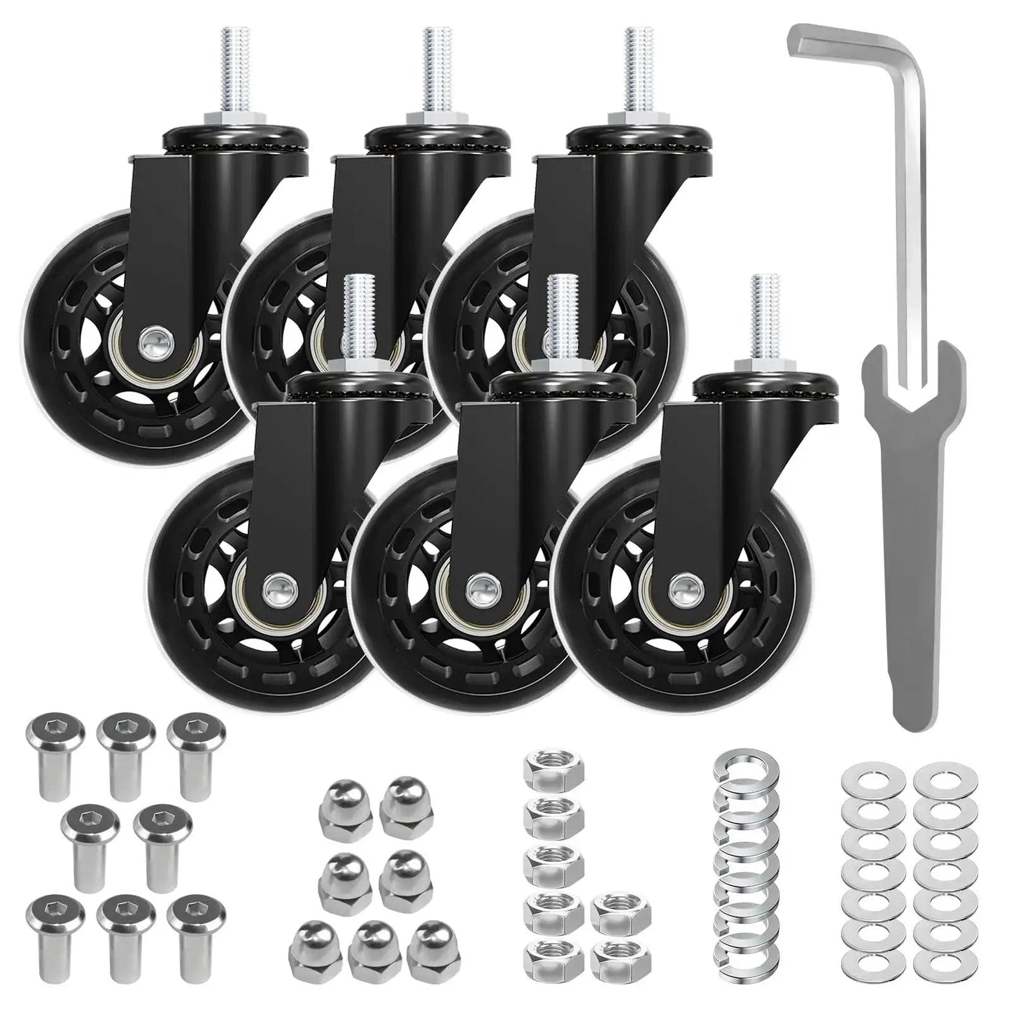Set Of 6 Heavy-Duty 2.5 Inch Caster Wheels With Rubber Tires, 360 Degree Swivel, Quiet Rolling, hardware included