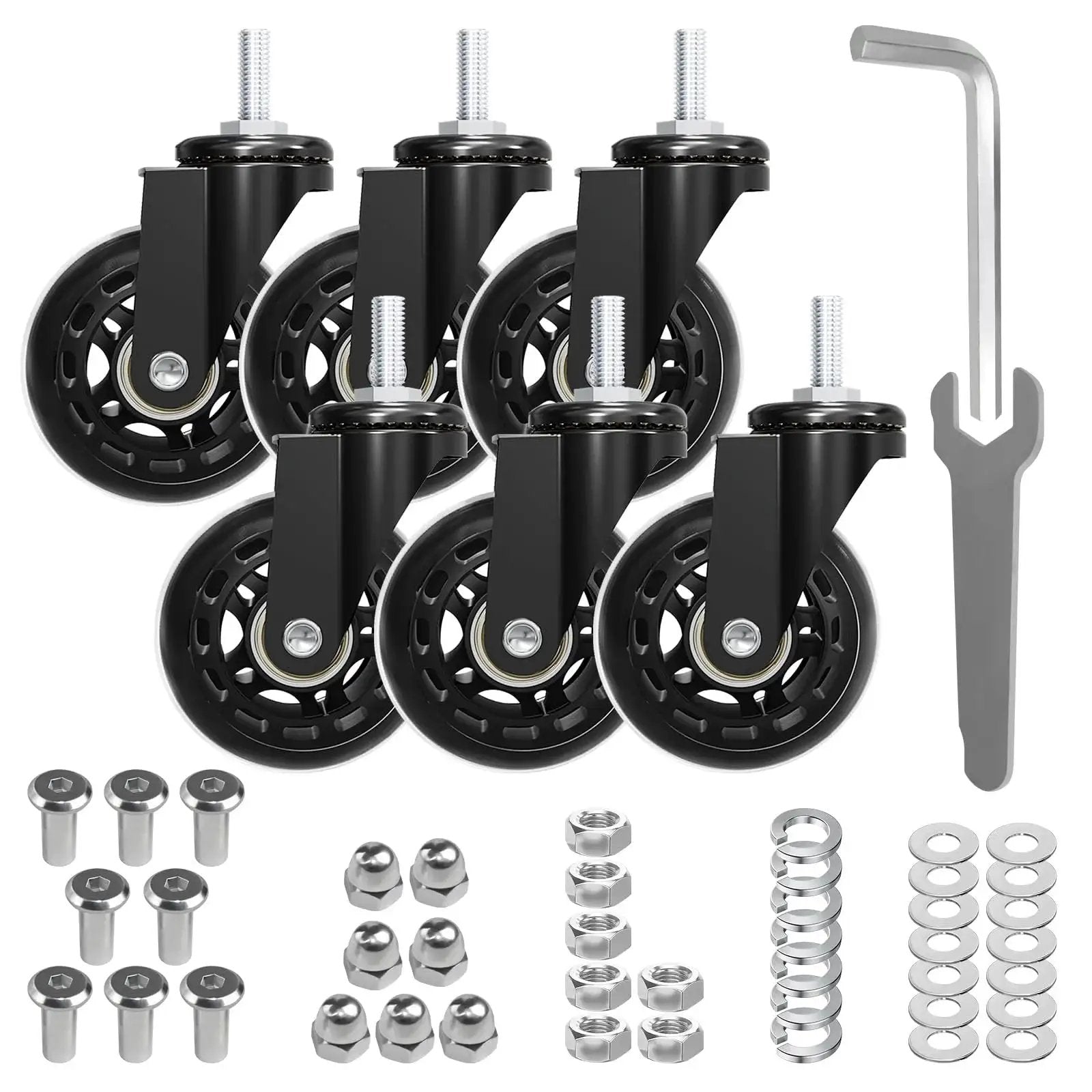 Set Of 6 Heavy-Duty 2.5 Inch Caster Wheels With Rubber Tires, 360 Degree Swivel, Quiet Rolling, hardware included
