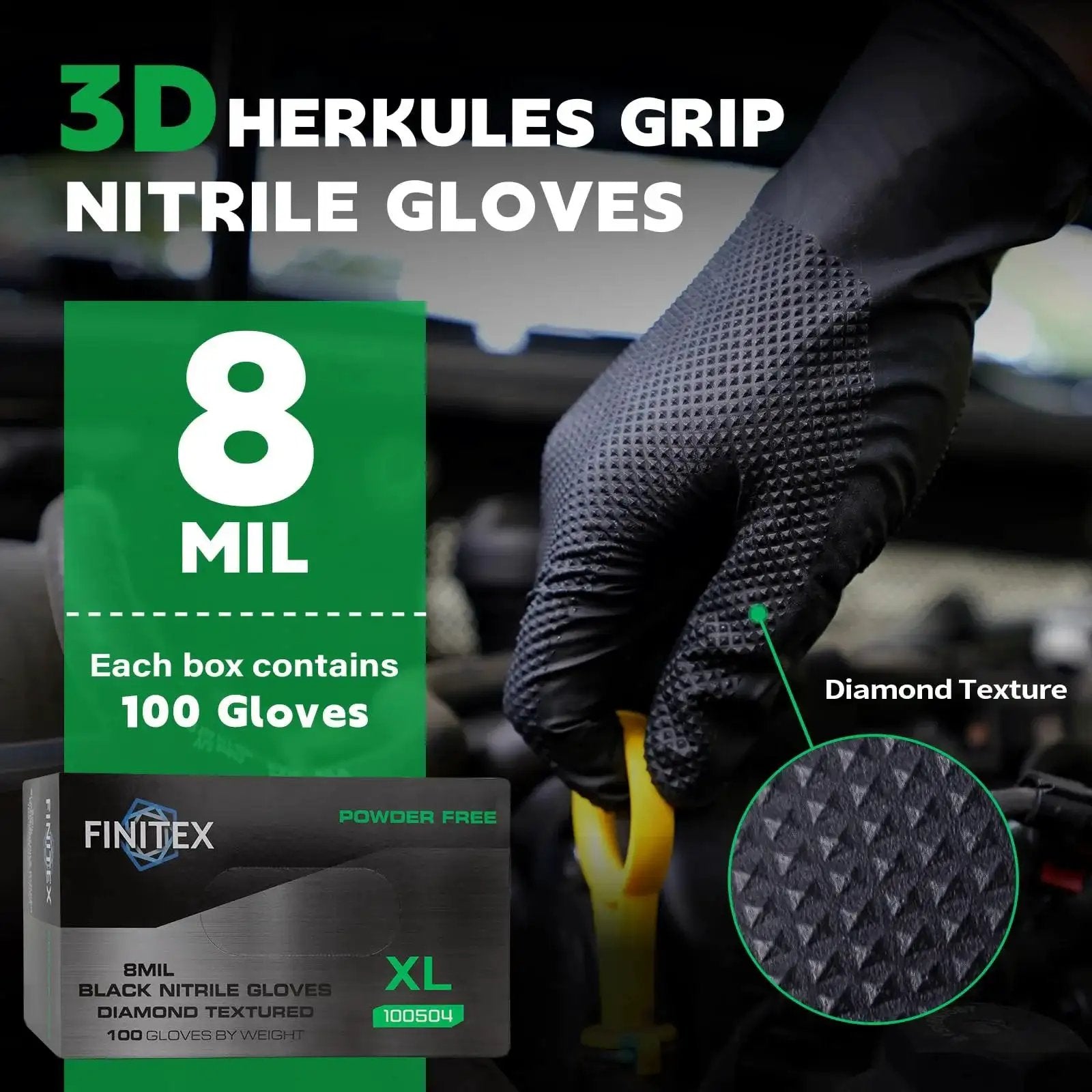 Close-up of Heavy Duty Black Nitrile Disposable Gloves 8 Mil Powder Free 100 Count X Large, showing diamond texture grip.