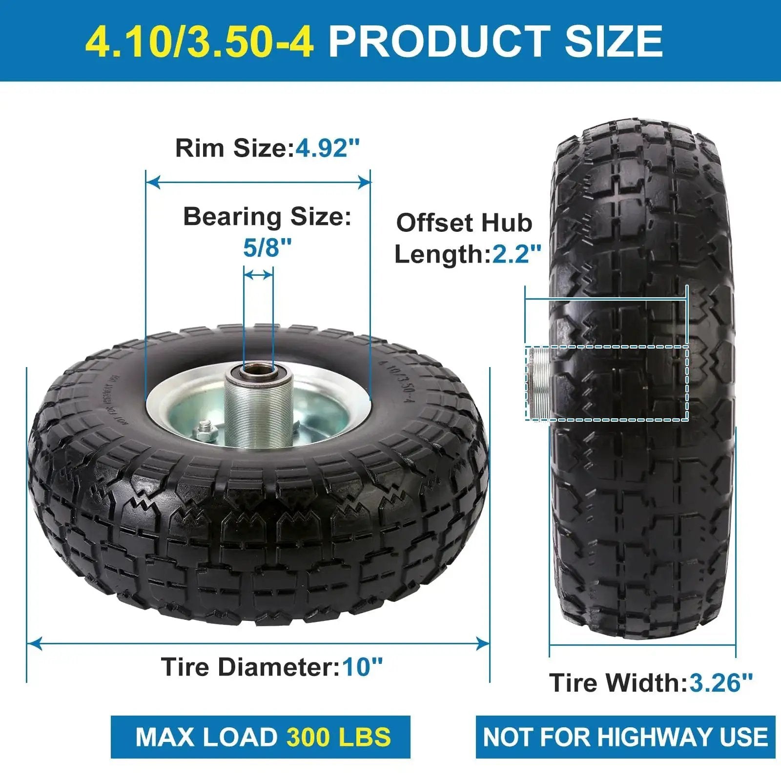 Two Pack 10 Inch Solid Polyurethane Tires For Garden Carts Hand Trucks Lawn Carts And Mowers With Flat Free Wheels, product size details