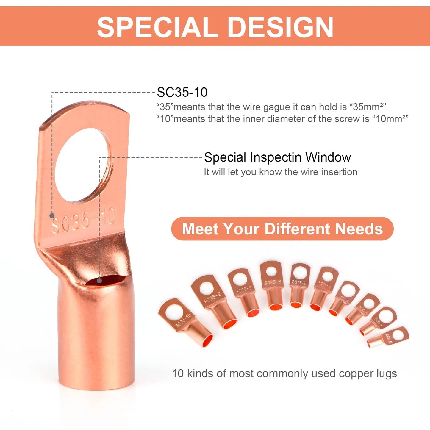 Must Have Copper Wire Lugs And Terminal Connectors Kit With Heat Shrink Tubing 130 Pcs Battery Cable Ends Bare Copper Eyelets And Ring Terminals For AWG 12 Through 2, showing various sizes and special inspection window.