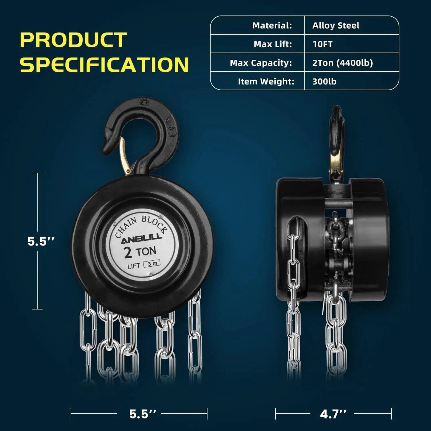 Front and side view of a 2 Ton Hand Chain Hoist With 4400 Lbs Capacity 10 Foot Lift Manual Chain Block showing alloy steel construction and G80 chain.