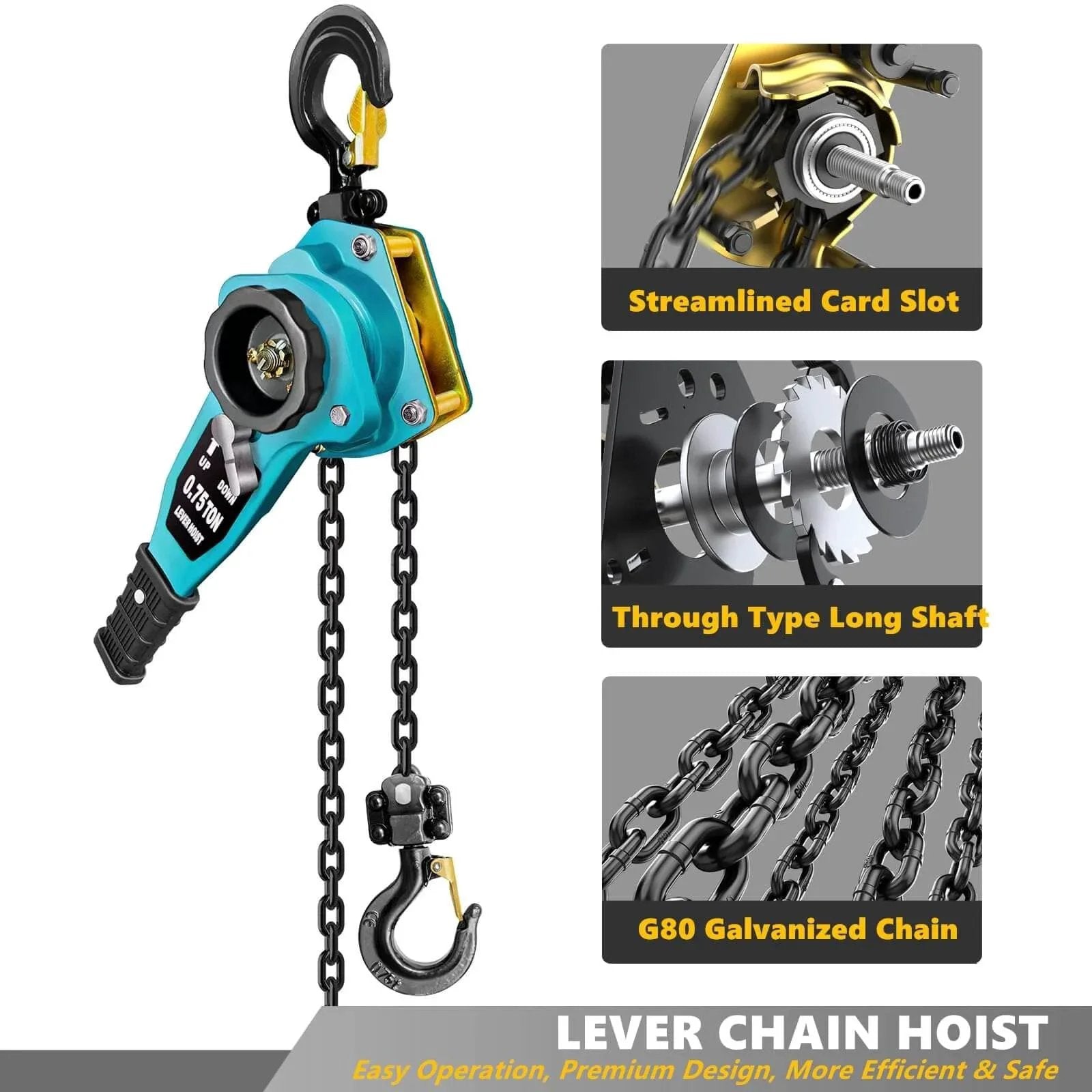 Manual Lever Chain Hoist 3/4 Ton Capacity, 1650 Lb Load, 5 Ft Ratchet Chain Puller with G80 Chain and Safety Brake, Blue Finish