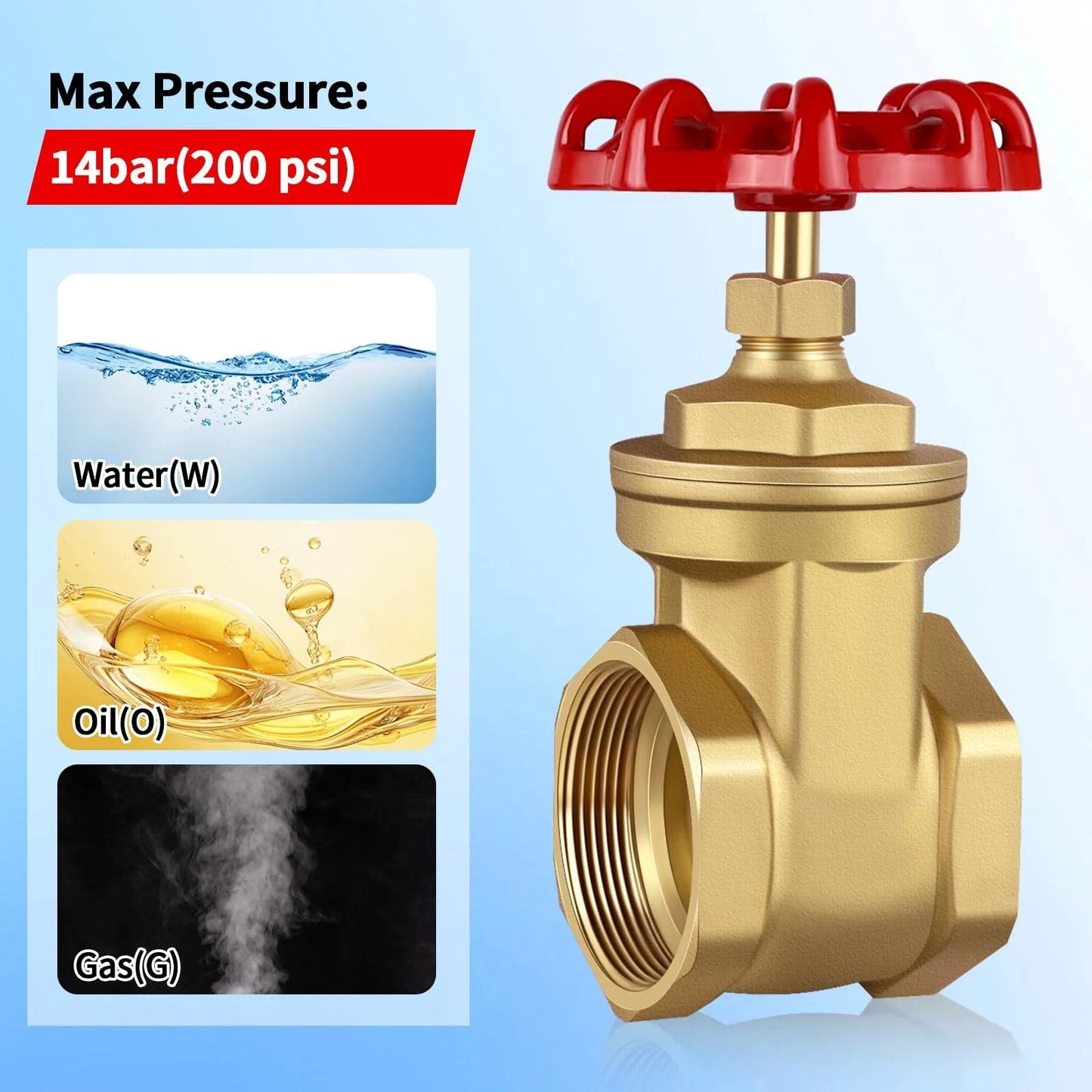 Heavy Duty Brass Gate Valve Three-Quarter Inch NPT With Wheel Handle, Manual Rotary Sluice Valve, 200 WOG Rating, Double Female Threads, Water Oil Gas Shutoff for Plumbing HVAC and Industrial Systems
