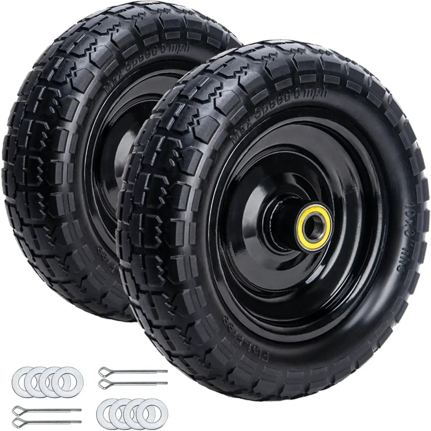 Solid 10 Inch Polyurethane Tires 4.10/3.50-4 Flat Free With 3/4 Inch Bearings And 2.17 Inch Offset Hub, 2-Pack For GOR Garden Carts
