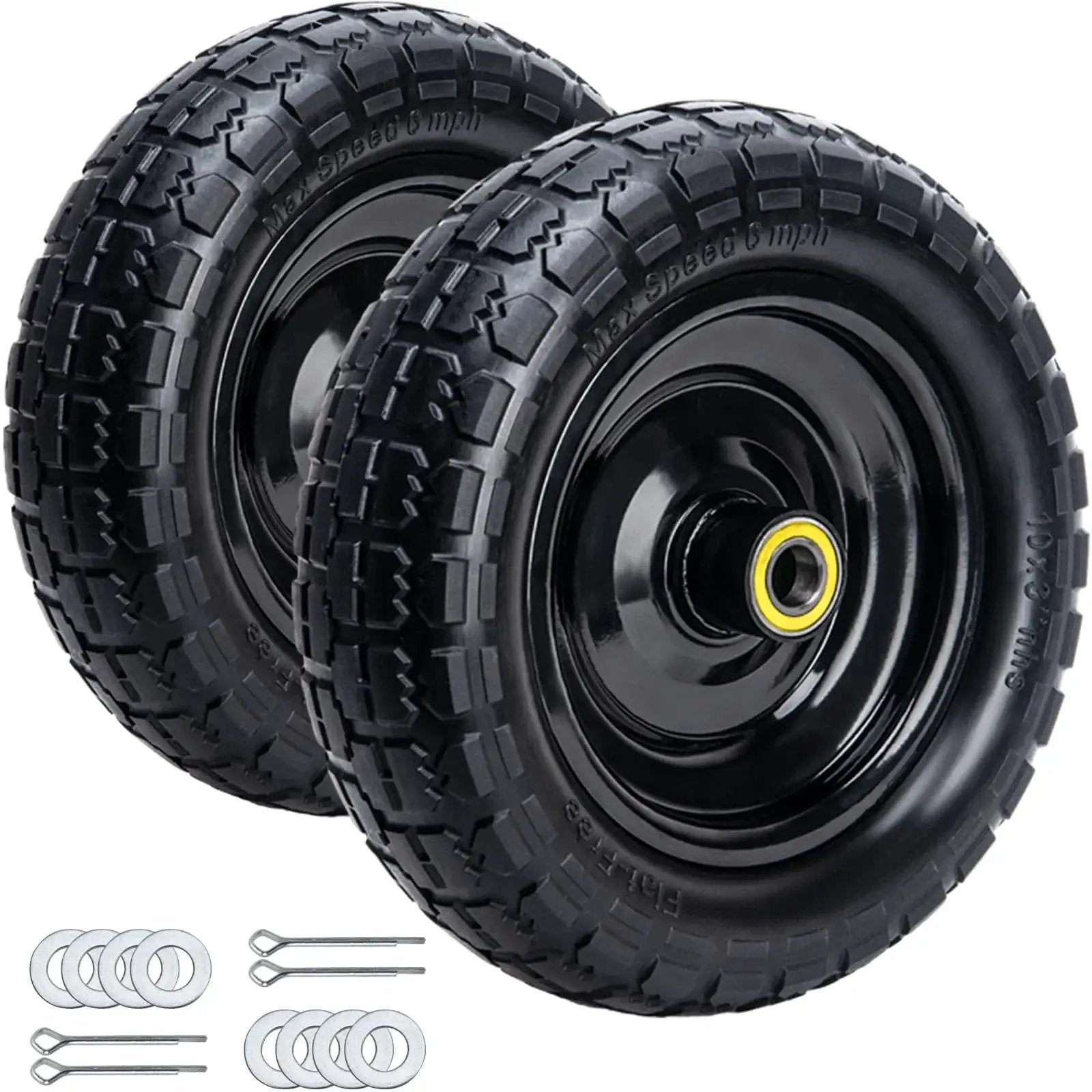 Solid 10 Inch Polyurethane Tires 4.10/3.50-4 Flat Free With 3/4 Inch Bearings And 2.17 Inch Offset Hub, 2-Pack For GOR Garden Carts