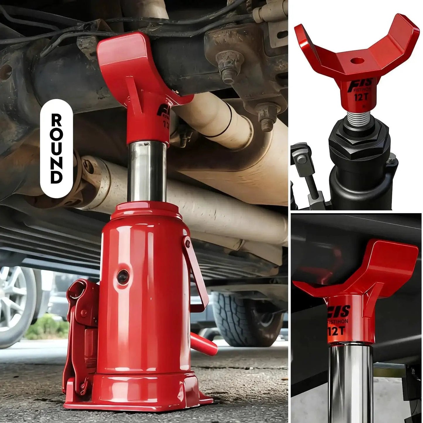 12 Ton Bottle Jack Adapter fits 1.65 in axles with 3 and 4 in lift pads and tilt, shown supporting a vehicle.