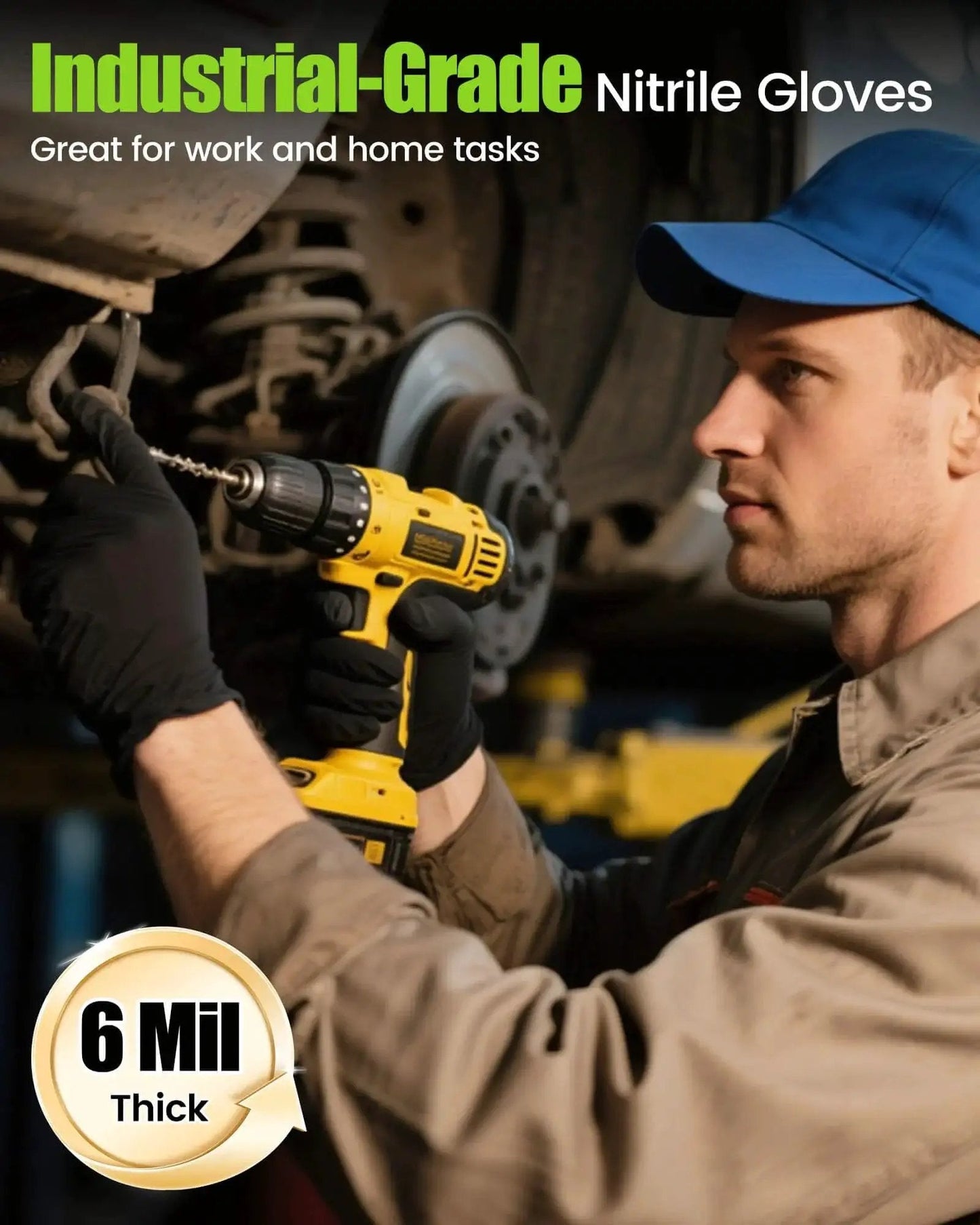 Mechanic using power drill wearing Black Nitrile Gloves 6 Mil Heavy Duty Disposable Textured Grip Powder Free
