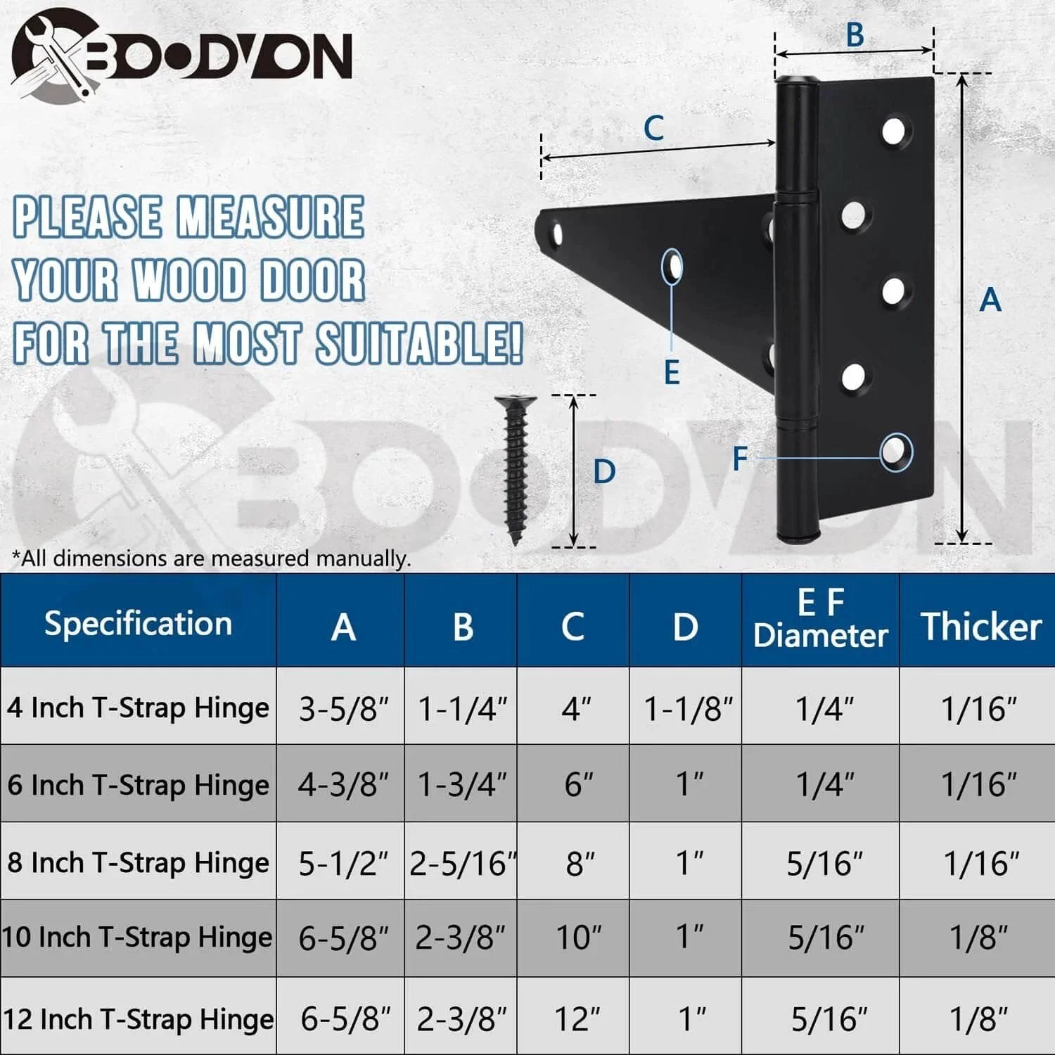 Image showing dimensions of BOODVON 10 Inch T Strap Gate Hinges in Black Powder Coated Finish, for wooden fences and yard gates.