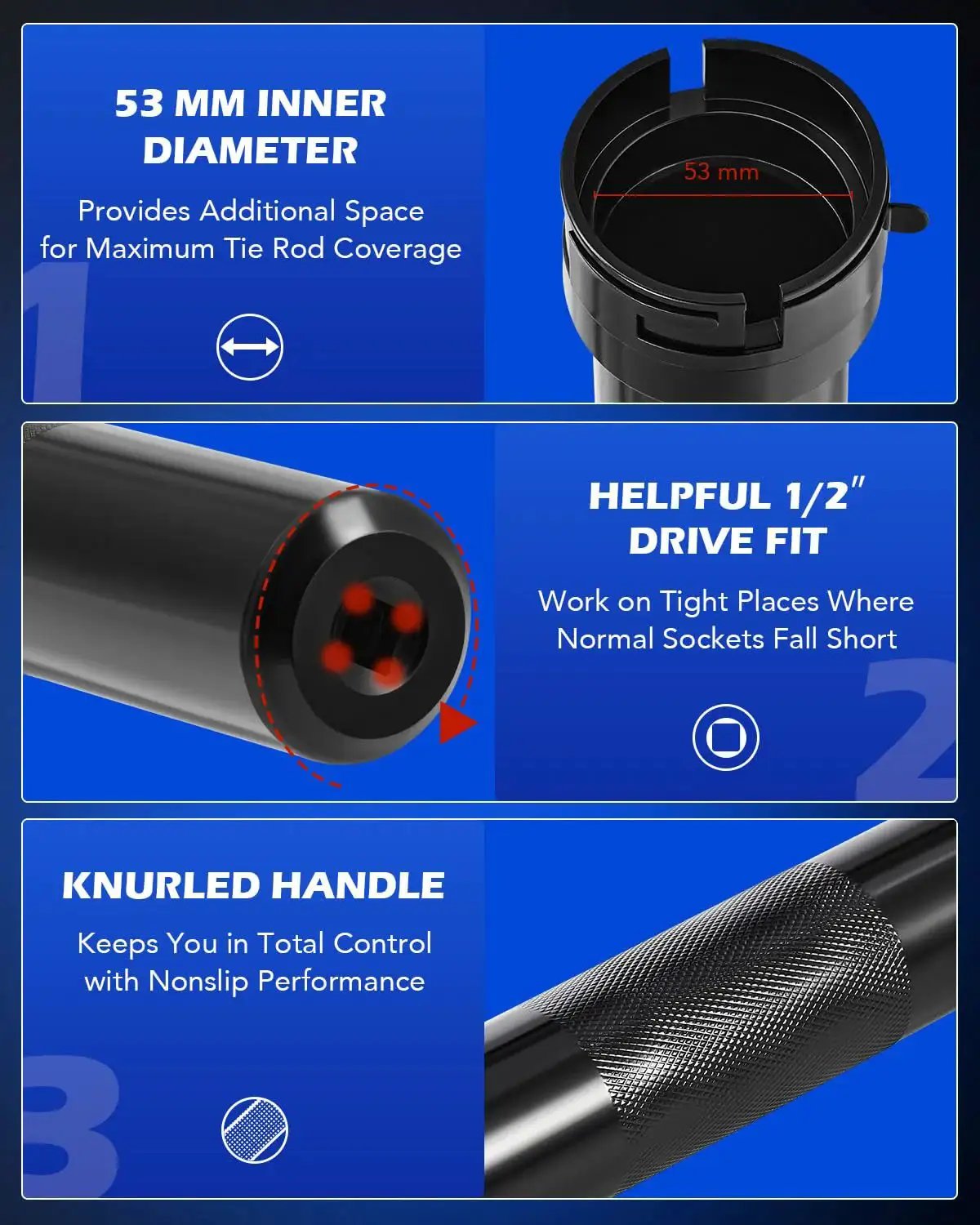 Close-up of Inner Tie Rod Removal Tool Kit With 12 Crowfoot Adapters One Half Inch Drive features and knurled handle.